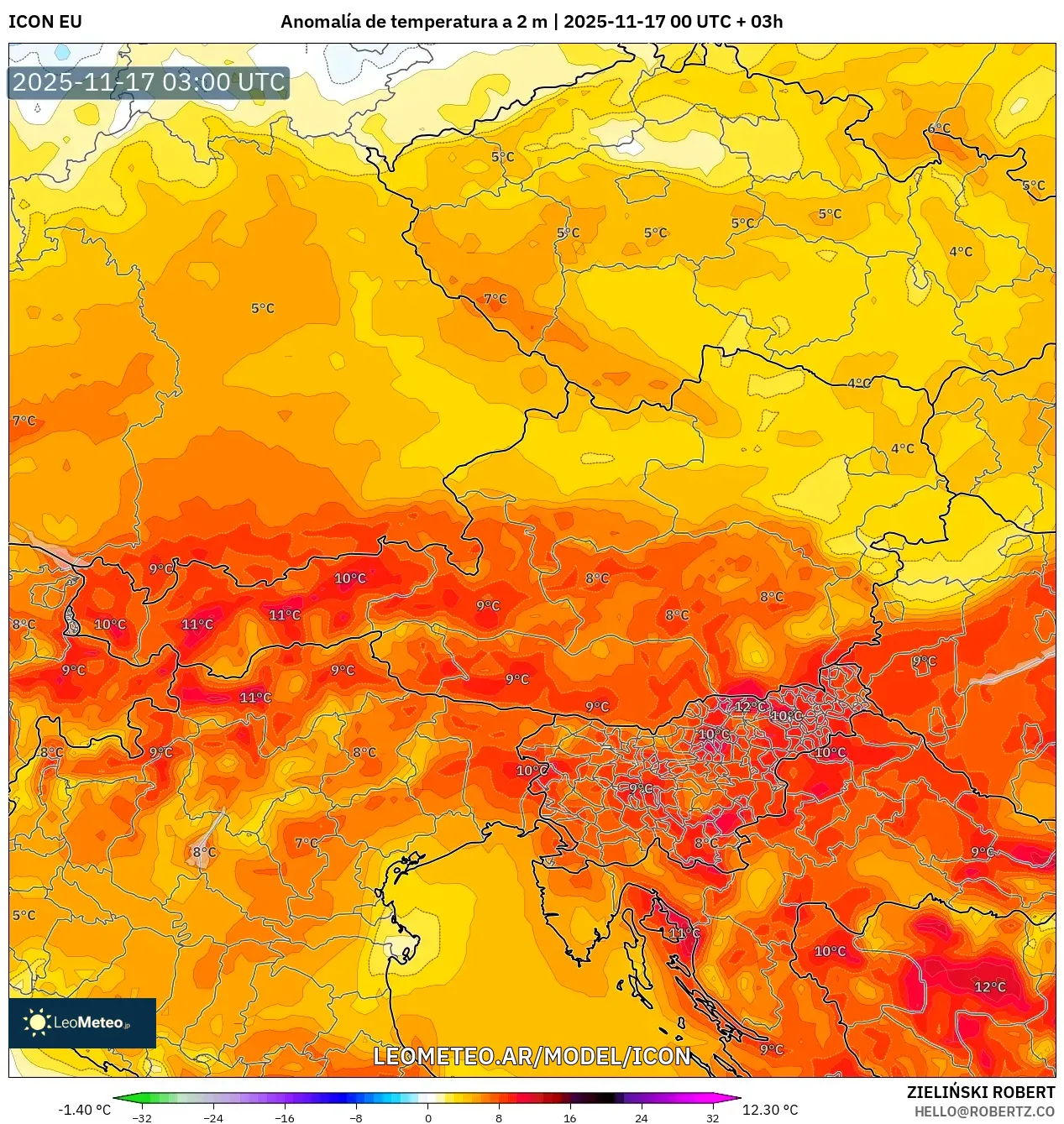 ICON model - Austria, Anomalía de temperatura a 2 m