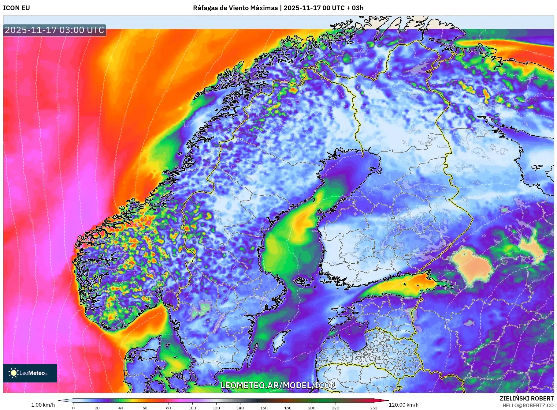ICON model - Escandinavia, Ráfagas de Viento Máximas