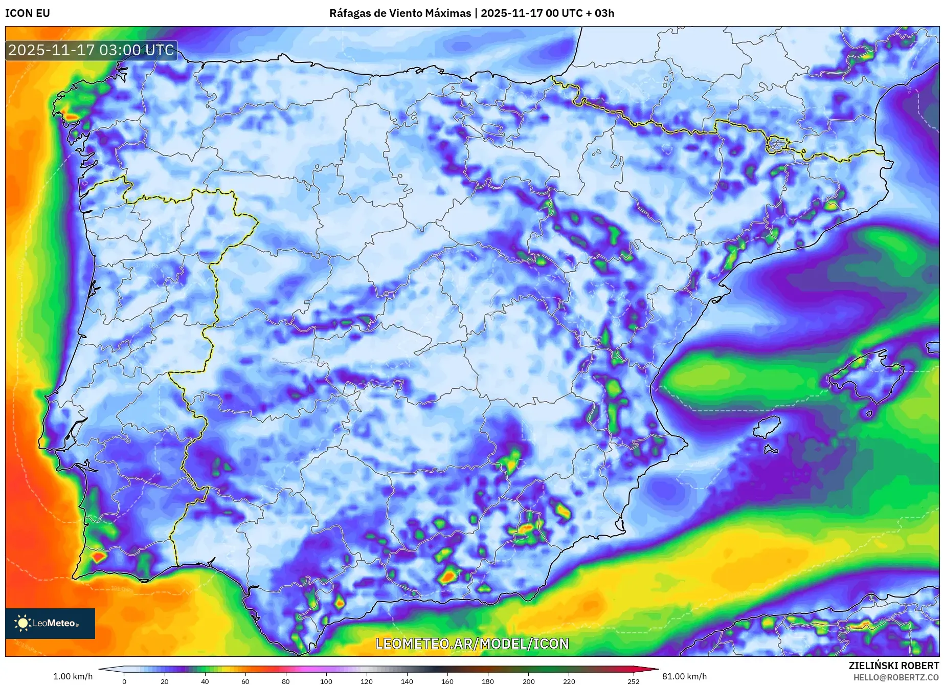 ICON model - España, Ráfagas de Viento Máximas