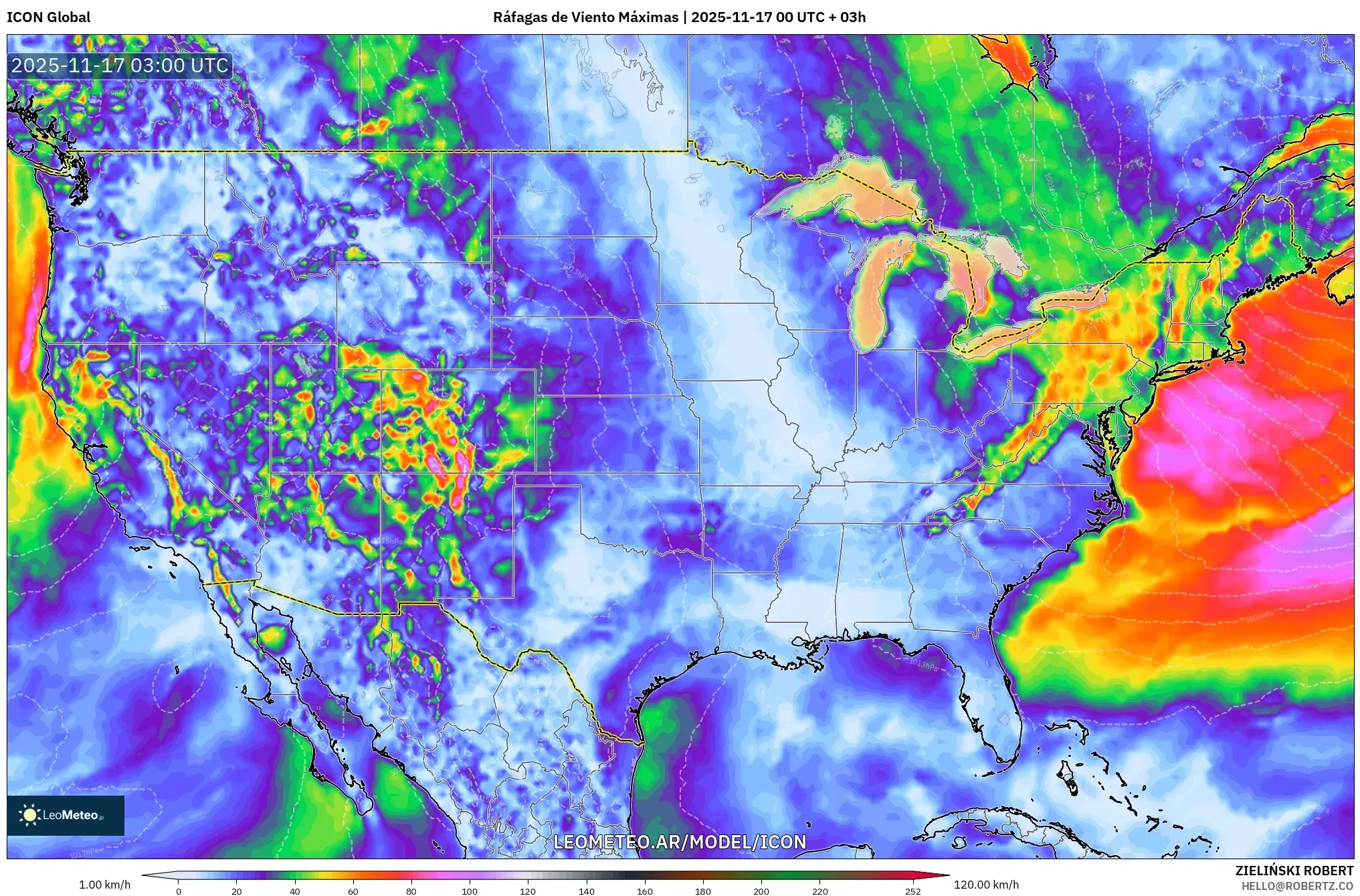 ICON model - Estados Unidos, Ráfagas de Viento Máximas