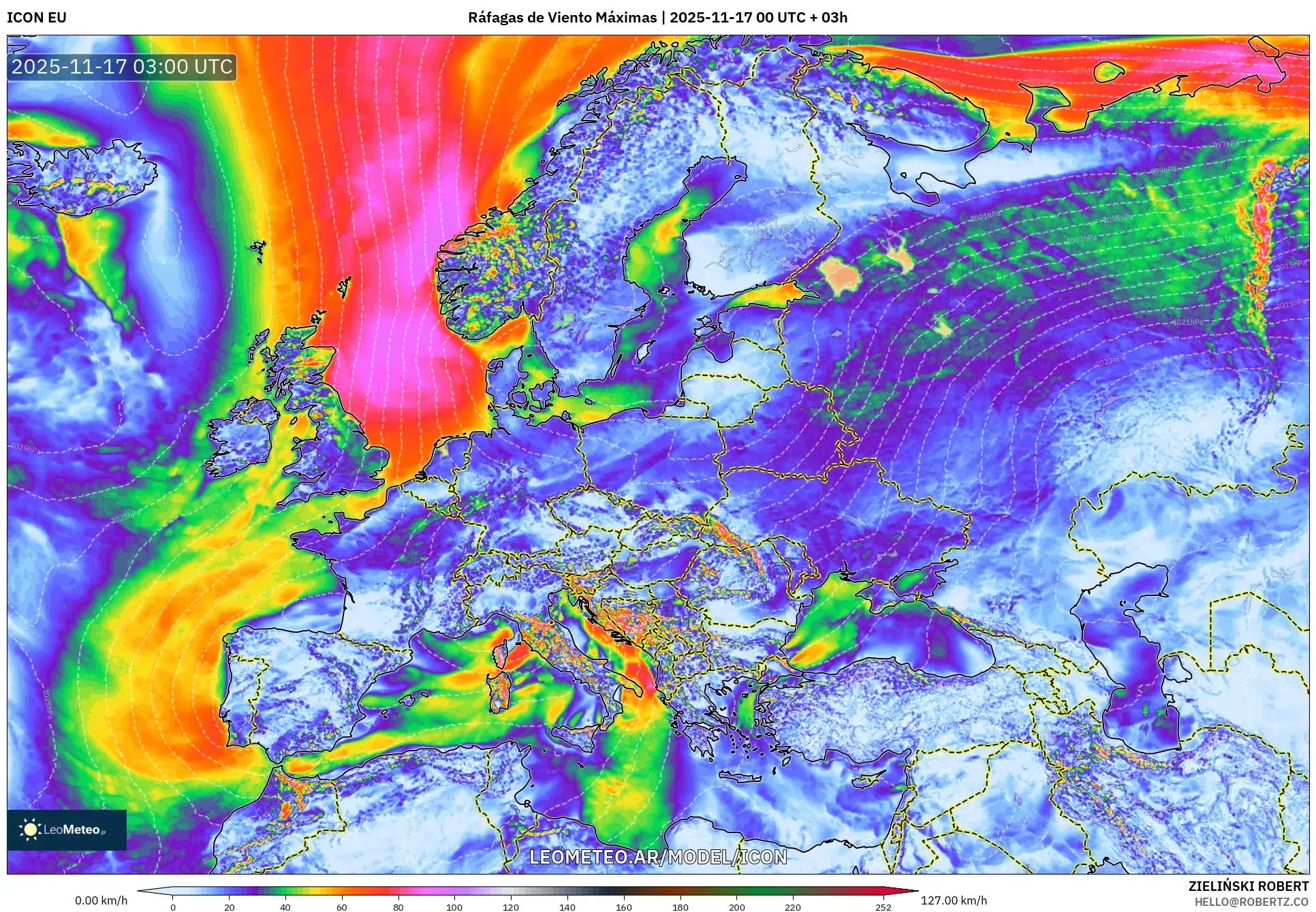 ICON model - Europa, Ráfagas de Viento Máximas