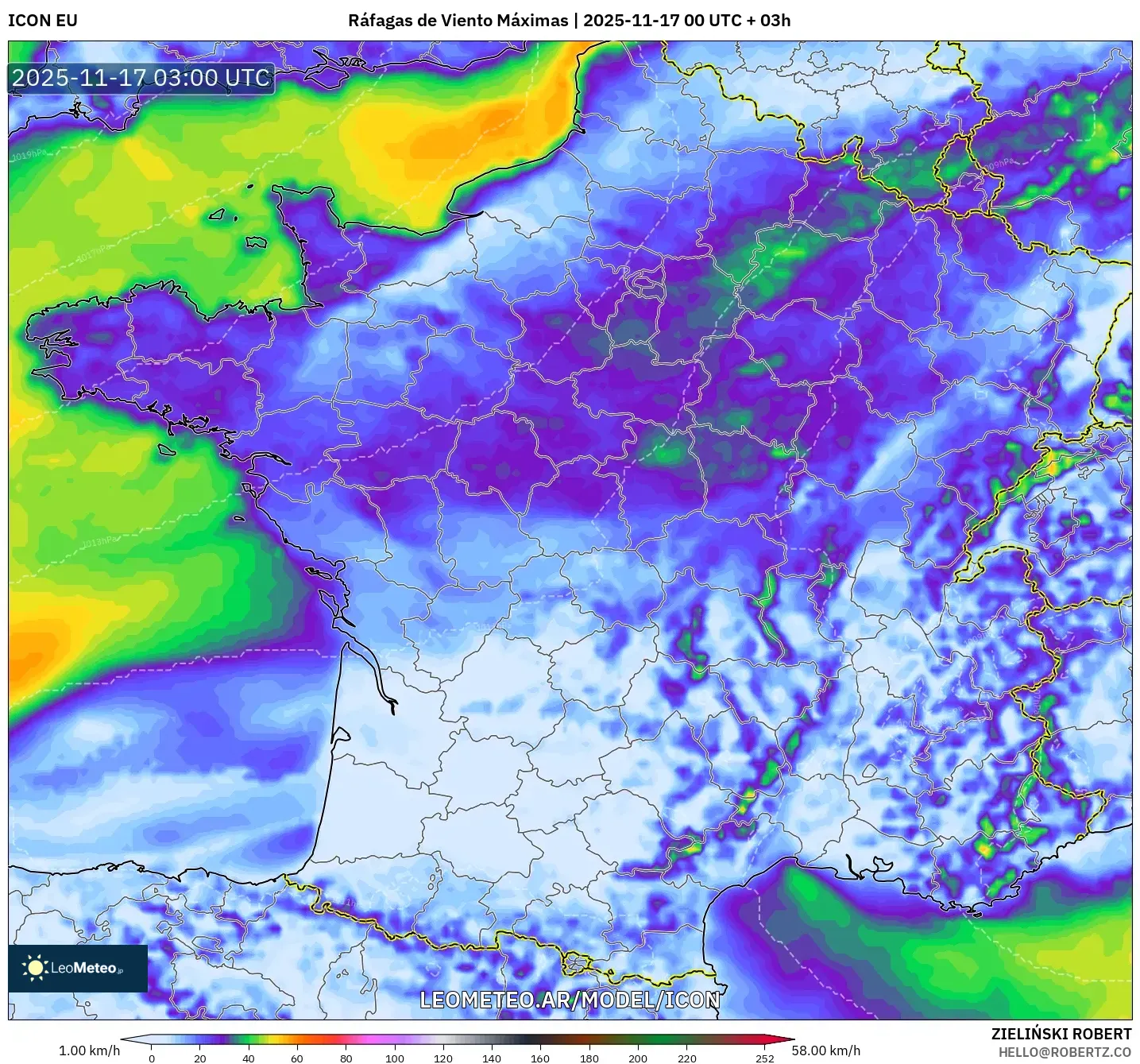 ICON model - Francia, Ráfagas de Viento Máximas