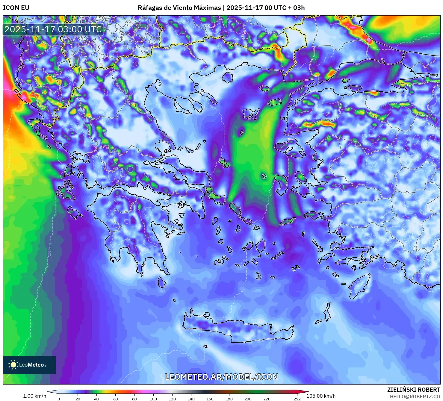 ICON model - Grecia, Ráfagas de Viento Máximas