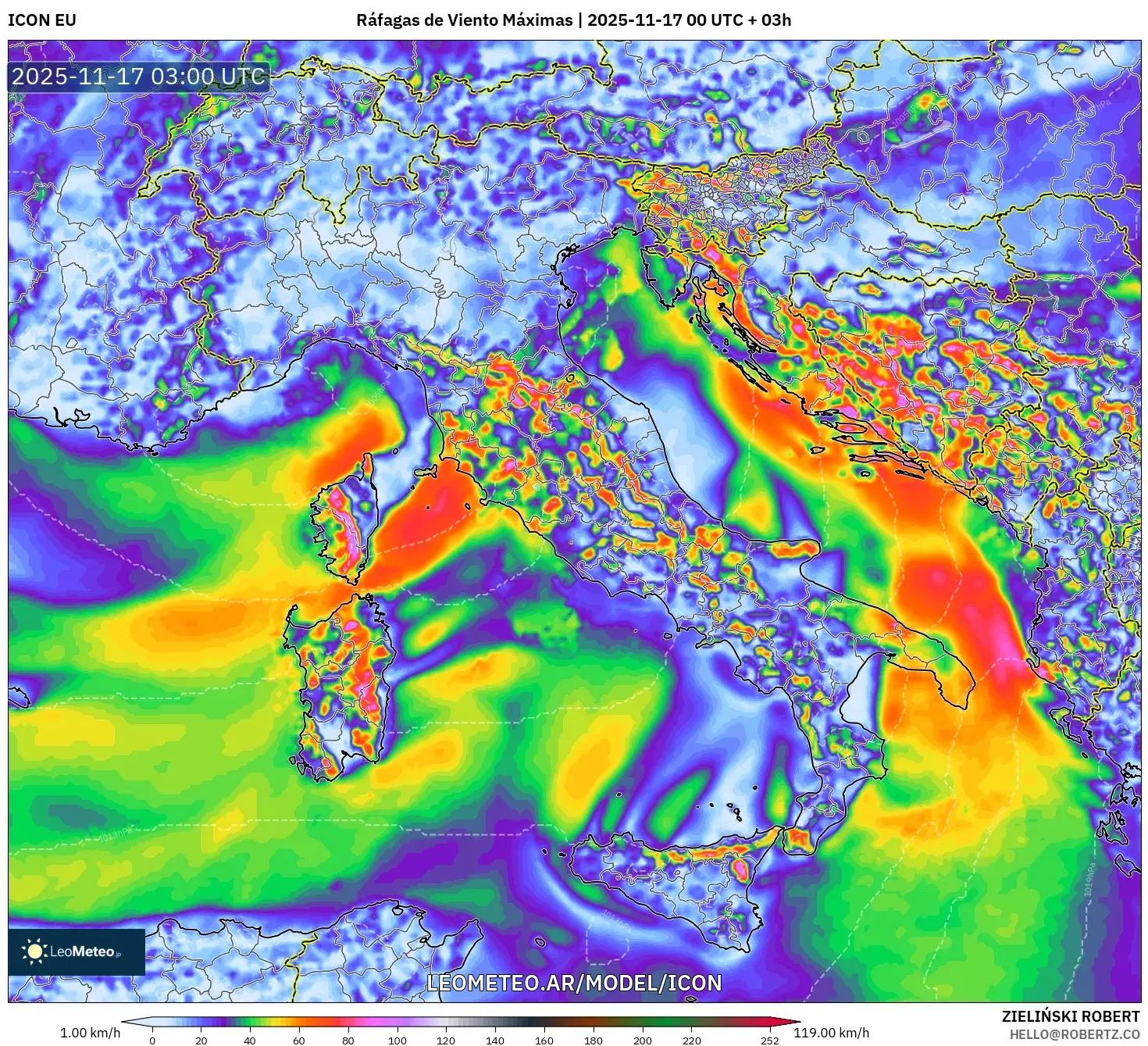 ICON model - Italia, Ráfagas de Viento Máximas