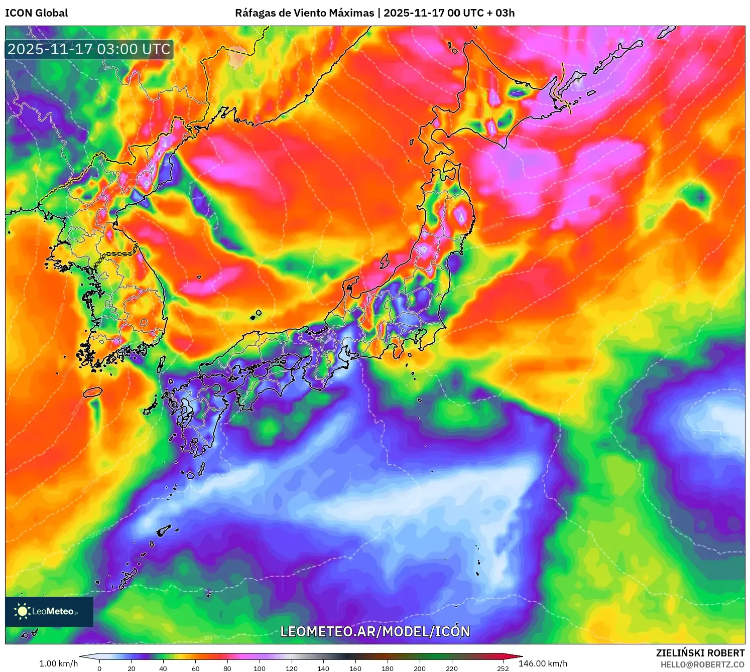 ICON model - Japón, Ráfagas de Viento Máximas