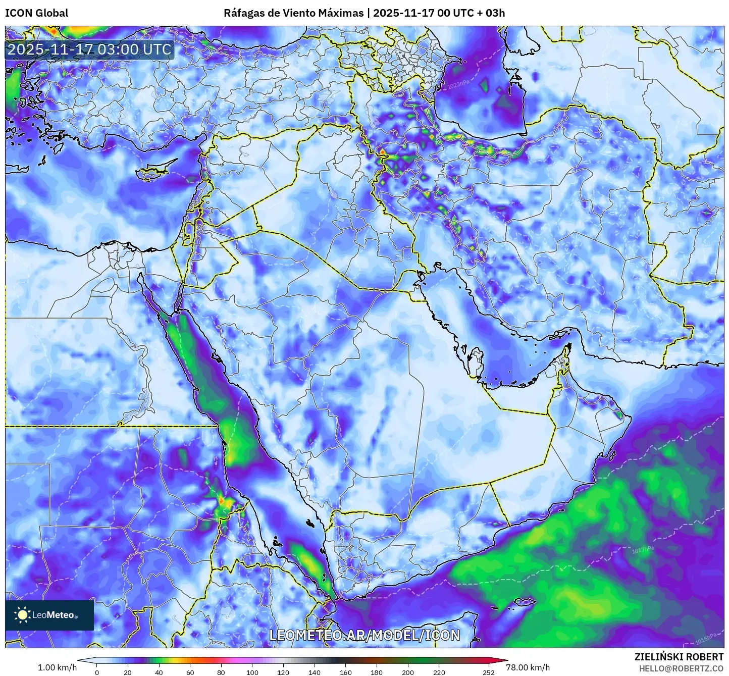 ICON model - Oriente Medio, Ráfagas de Viento Máximas