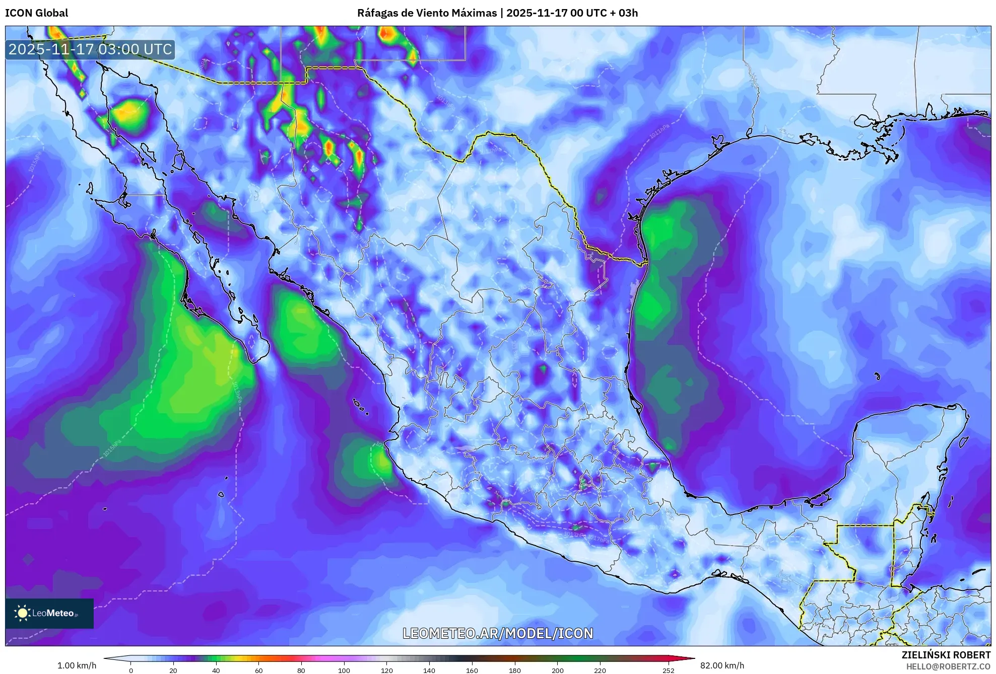 ICON model - México, Ráfagas de Viento Máximas