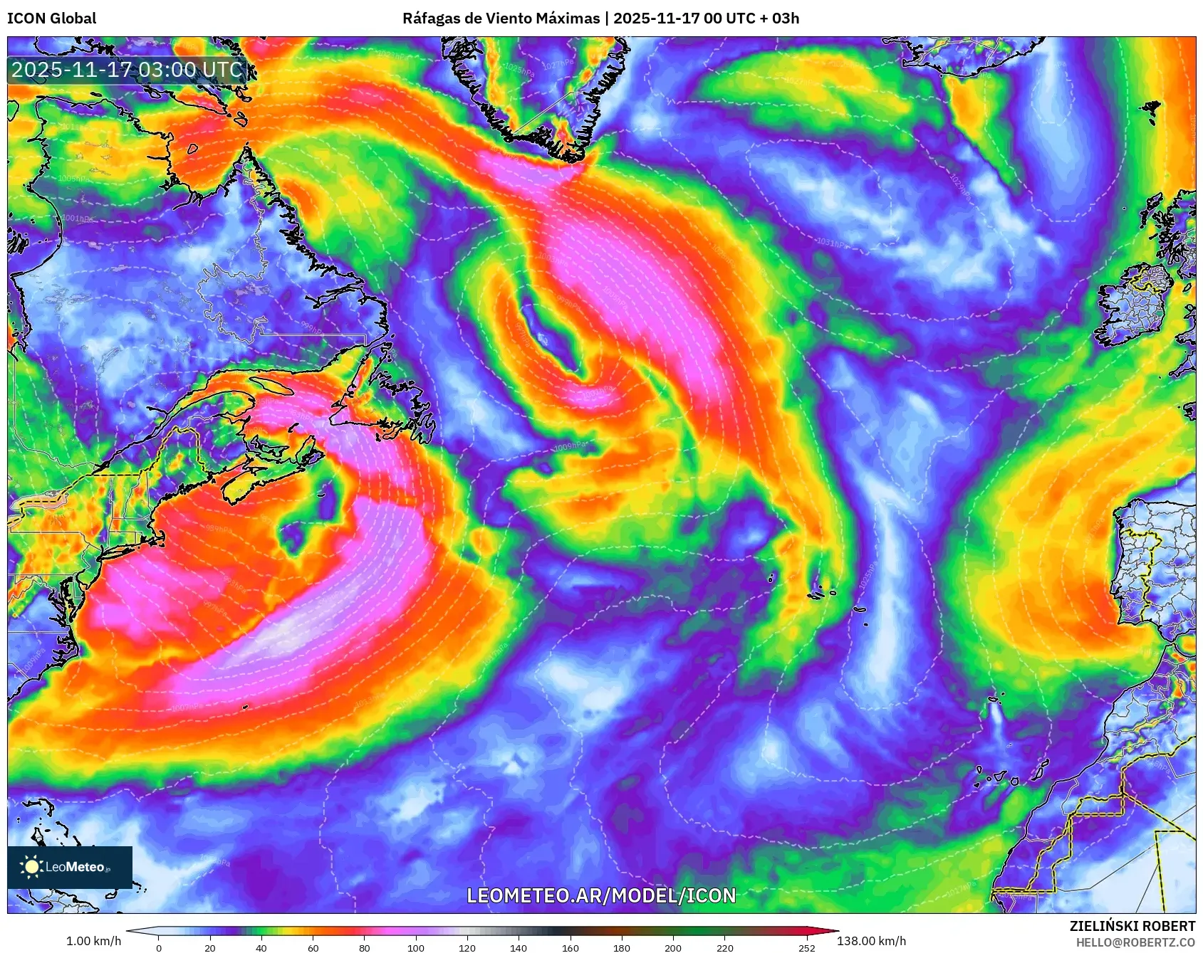 ICON model - Norte Atlántico, Ráfagas de Viento Máximas