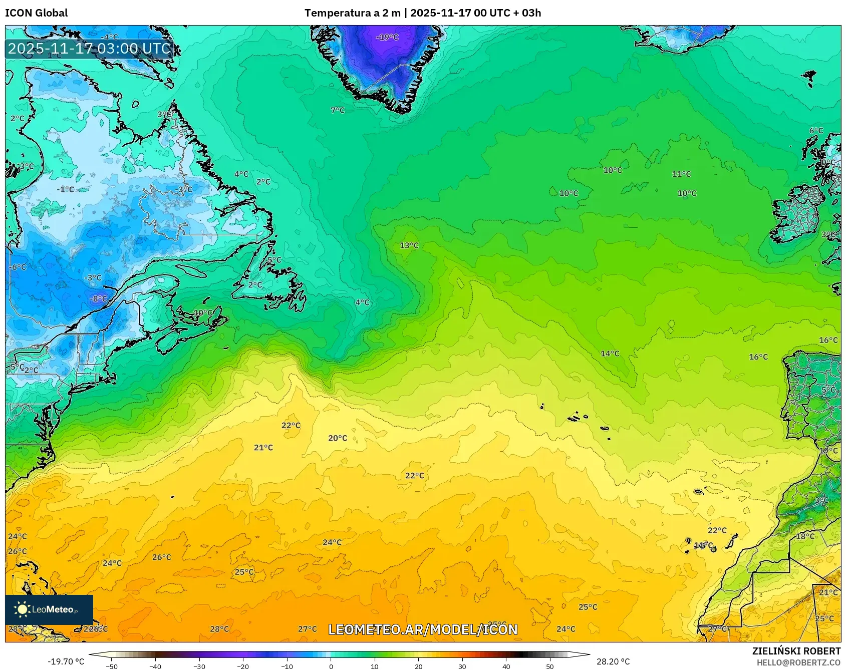 ICON model - Norte Atlántico, Temperatura a 2 m