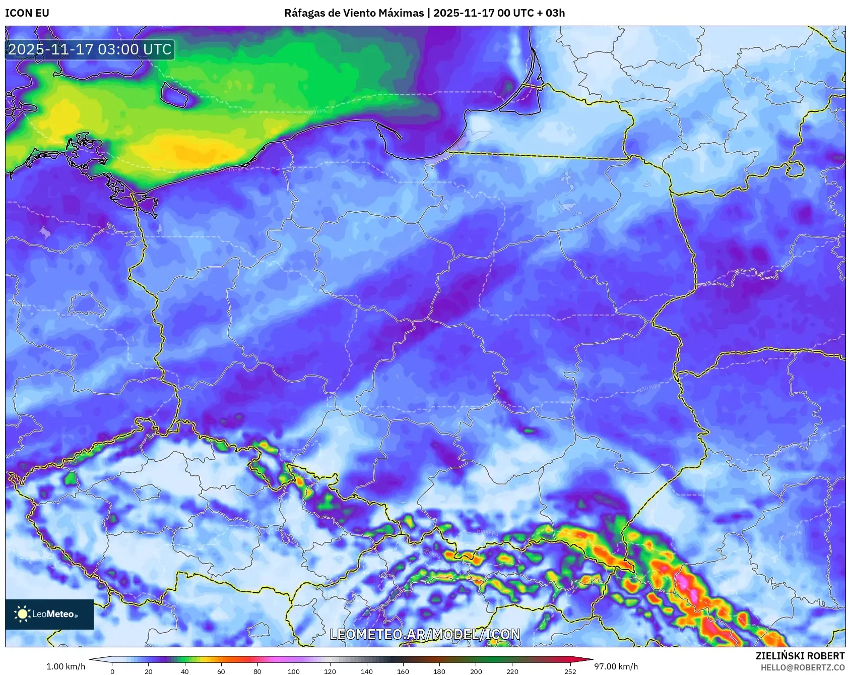 ICON model - Polonia, Ráfagas de Viento Máximas