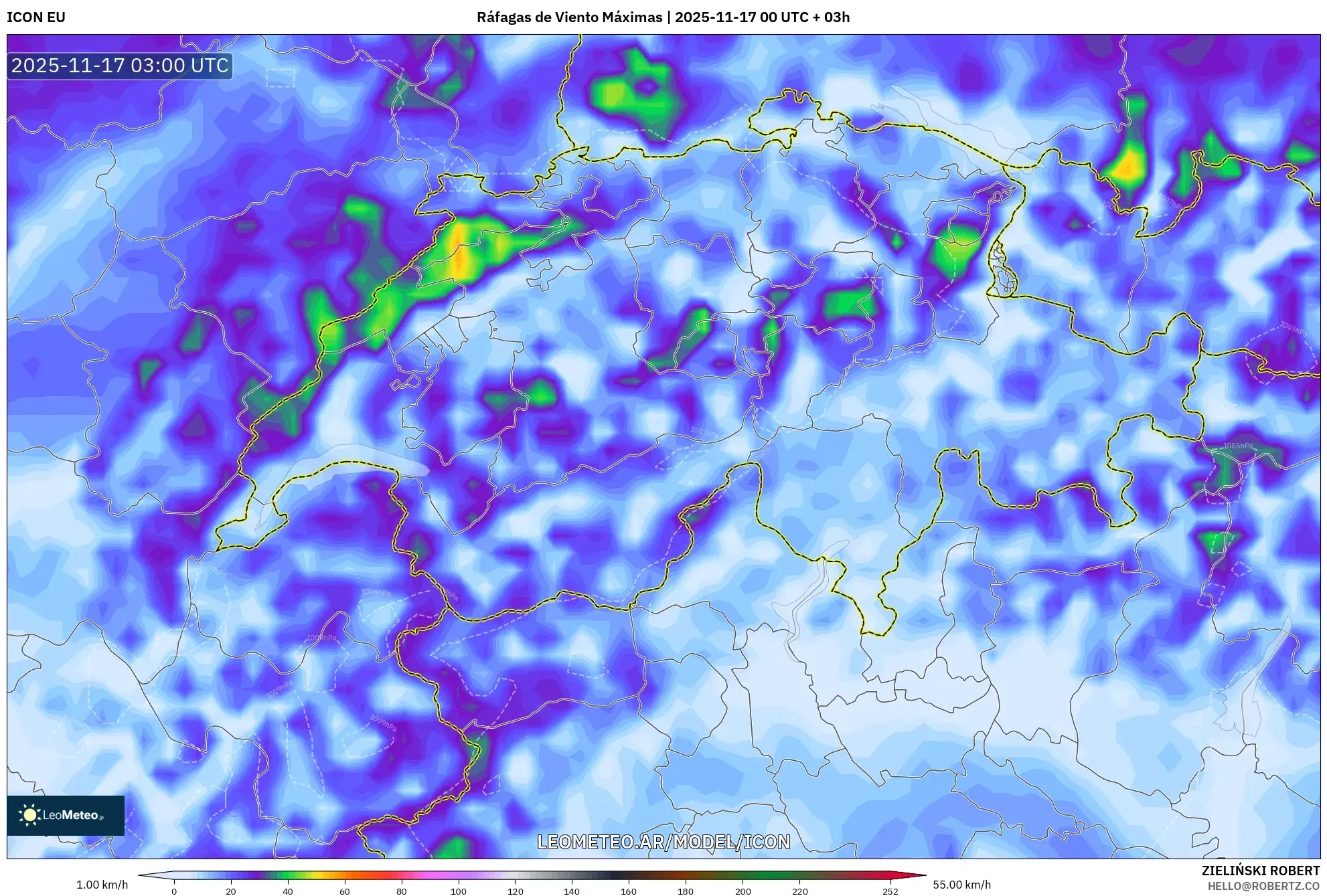 ICON model - Suiza, Ráfagas de Viento Máximas