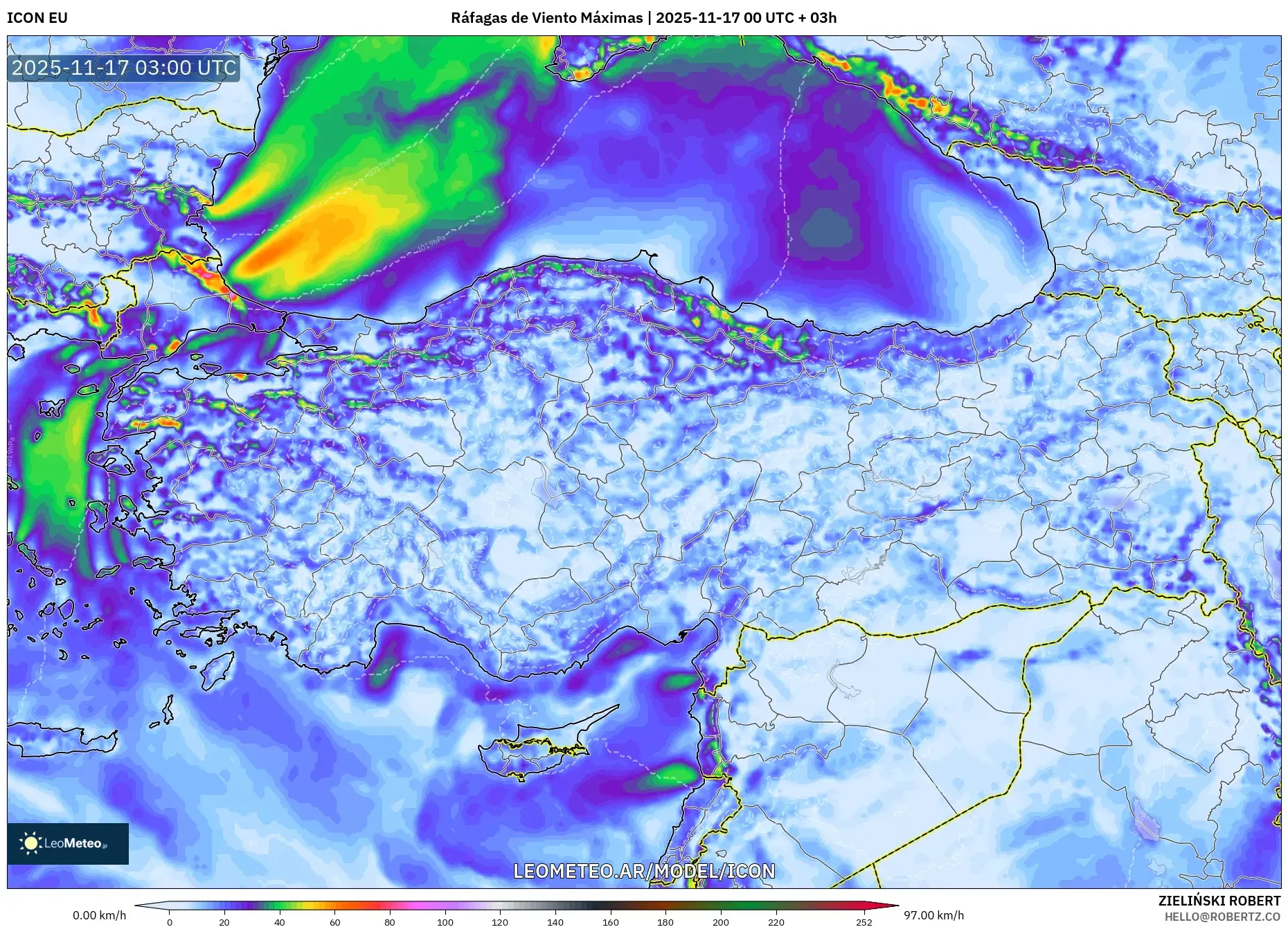 ICON model - Turquía, Ráfagas de Viento Máximas
