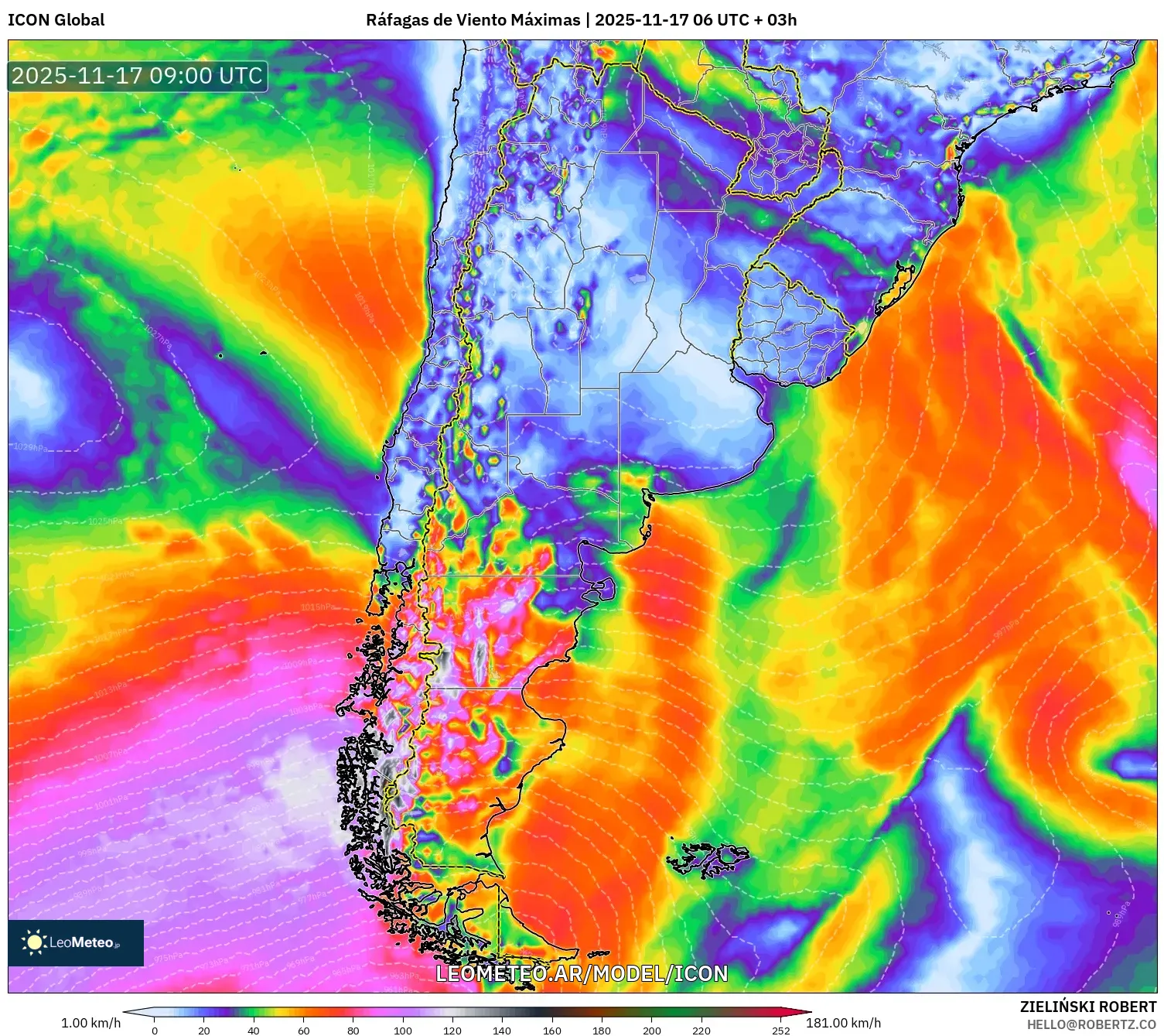 ICON model - Argentina, Ráfagas de Viento Máximas