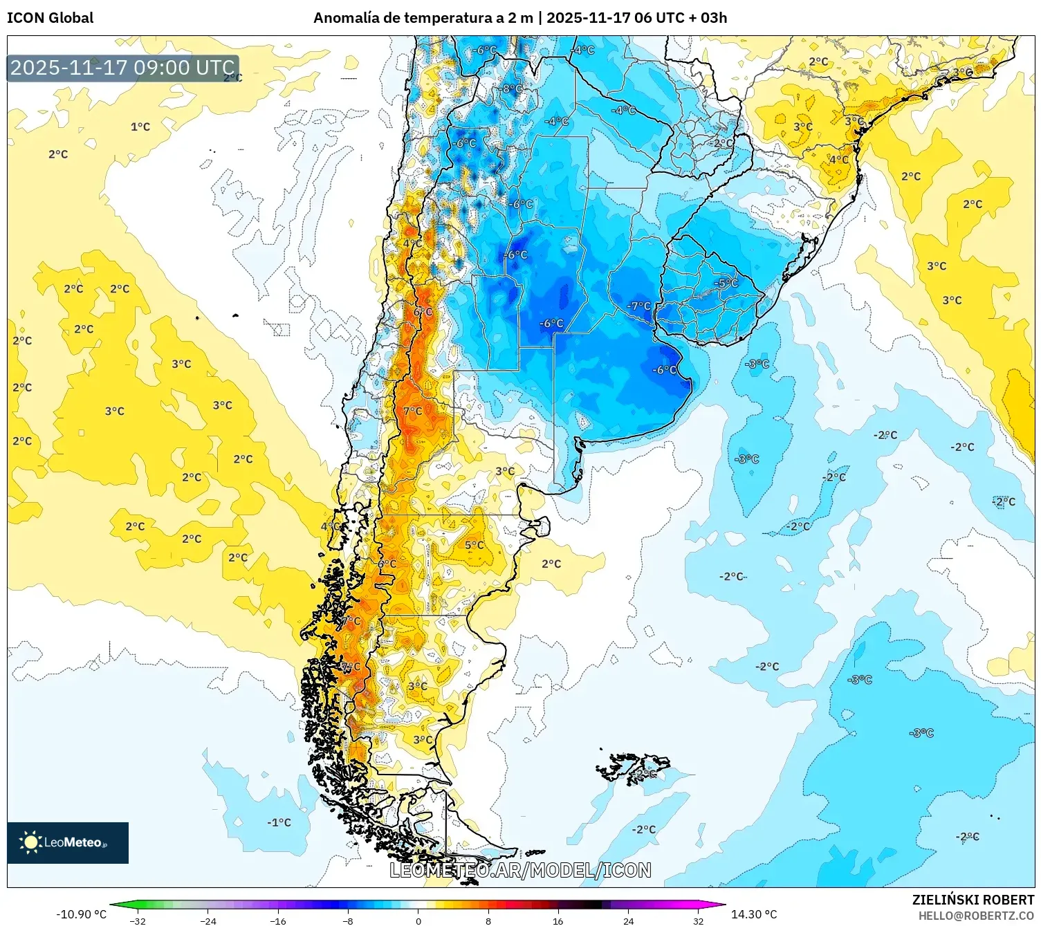 ICON model - Argentina, Anomalía de temperatura a 2 m