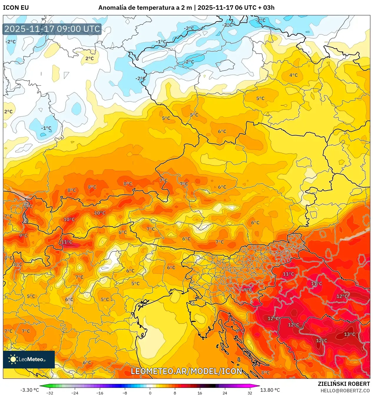 ICON model - Austria, Anomalía de temperatura a 2 m
