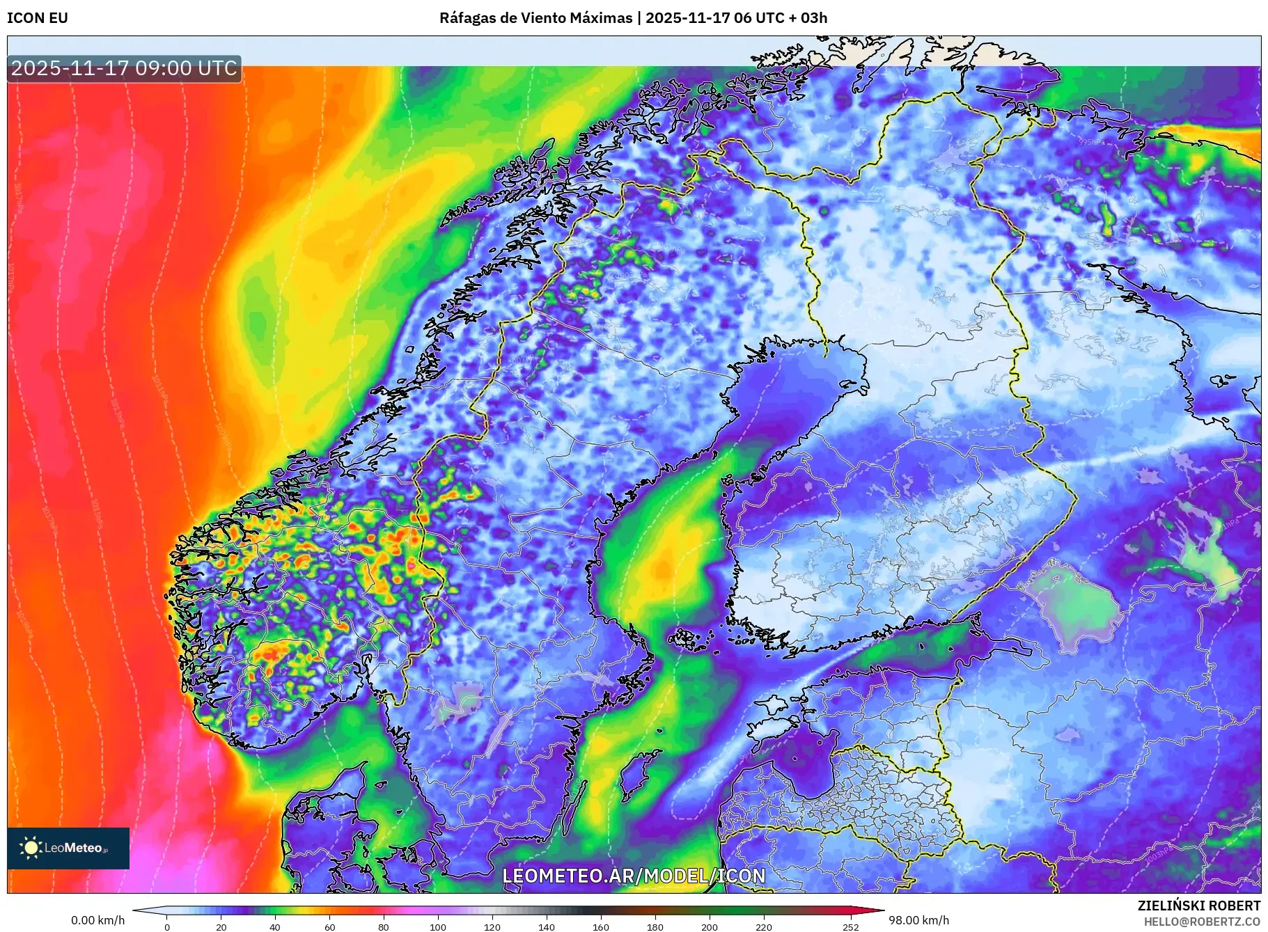 ICON model - Escandinavia, Ráfagas de Viento Máximas