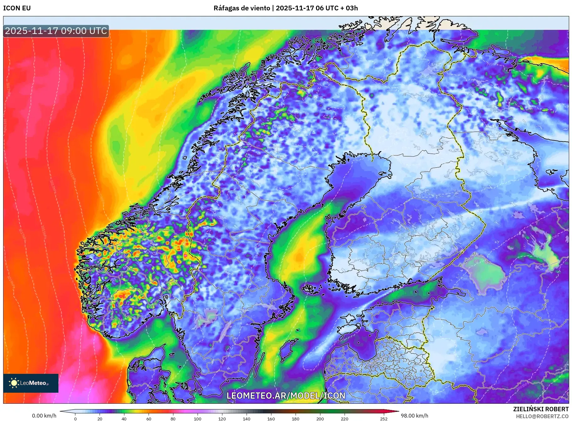 ICON model - Escandinavia, Ráfagas de viento