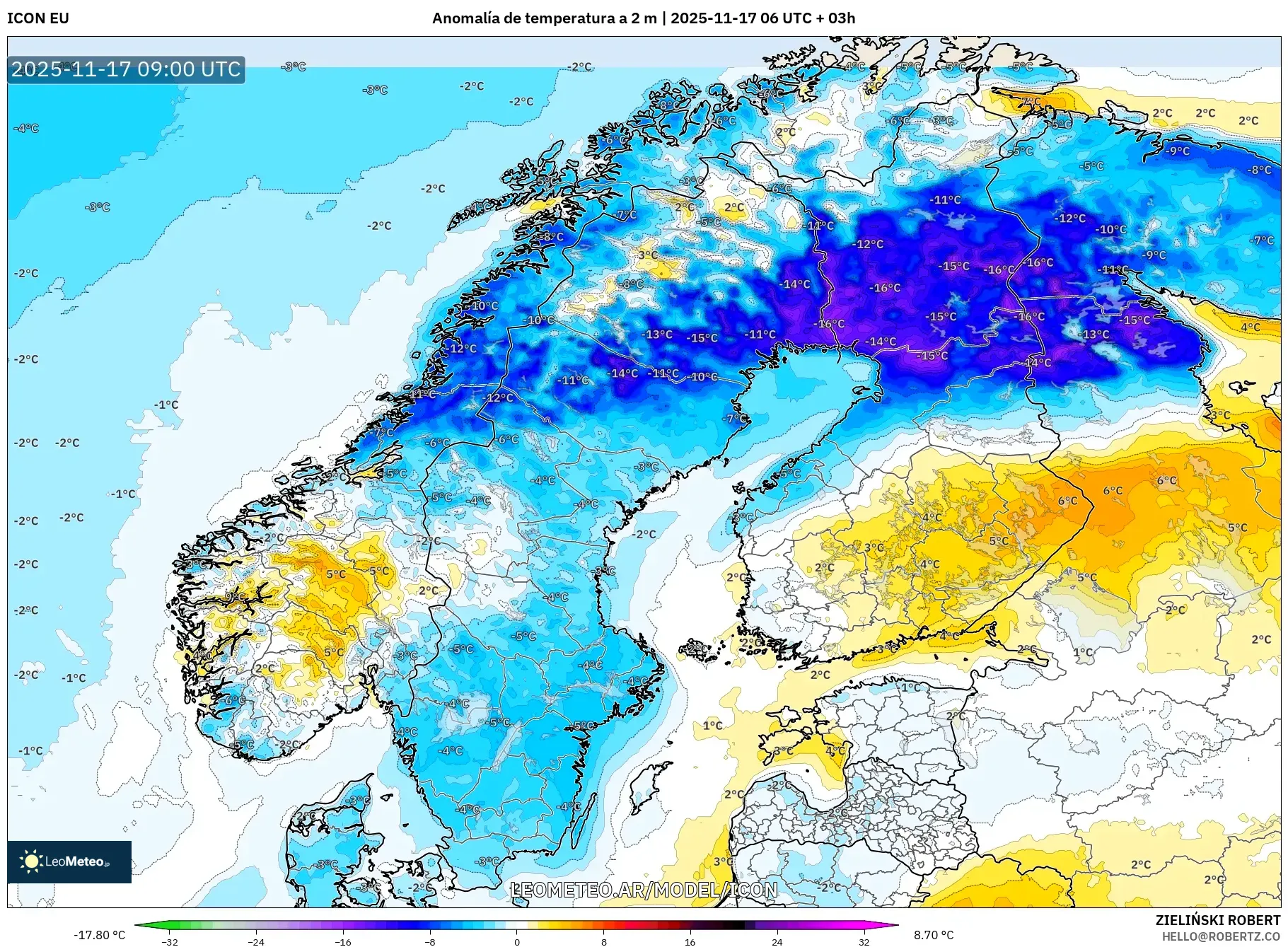 ICON model - Escandinavia, Anomalía de temperatura a 2 m