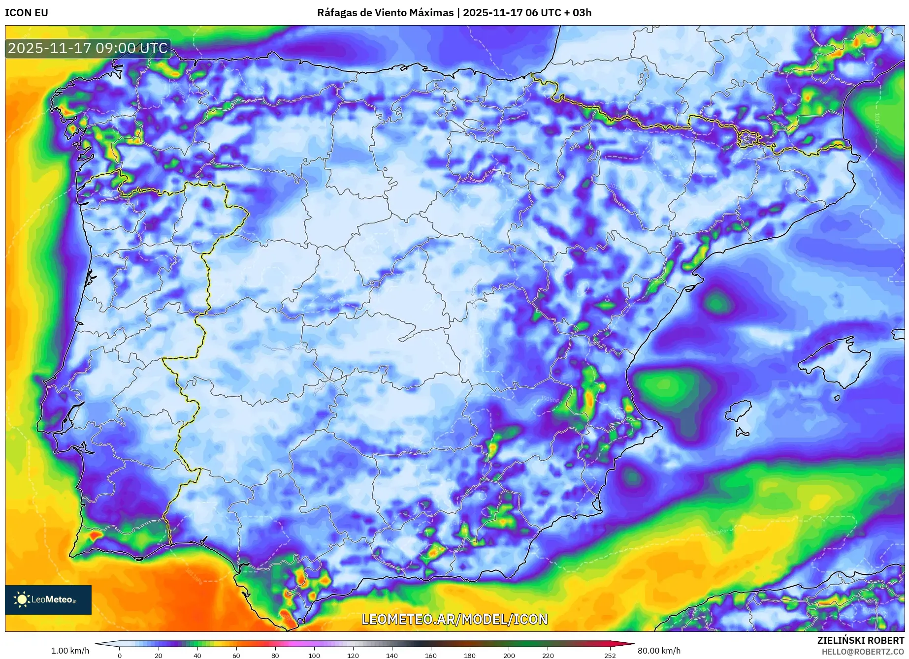 ICON model - España, Ráfagas de Viento Máximas