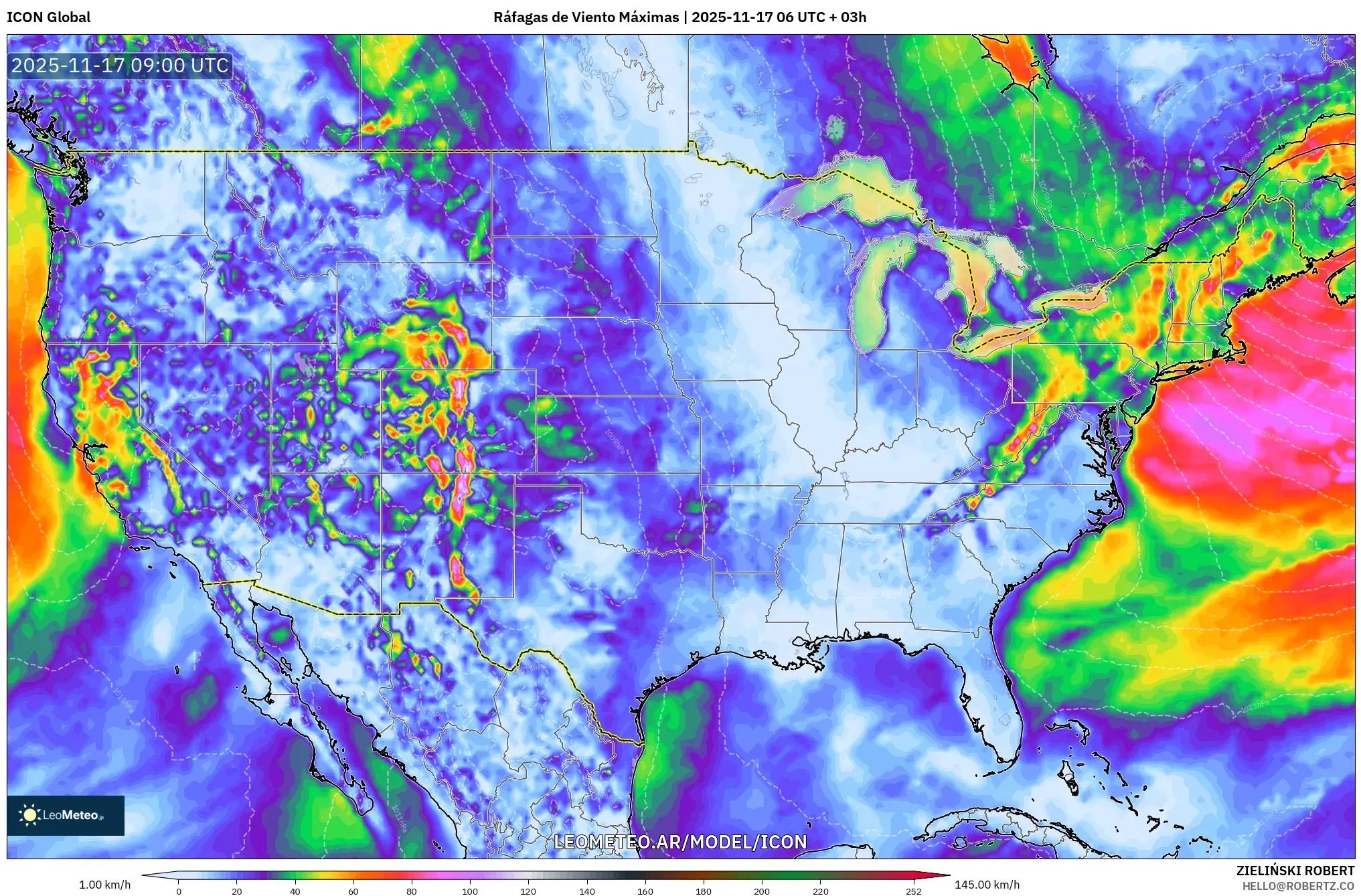 ICON model - Estados Unidos, Ráfagas de Viento Máximas