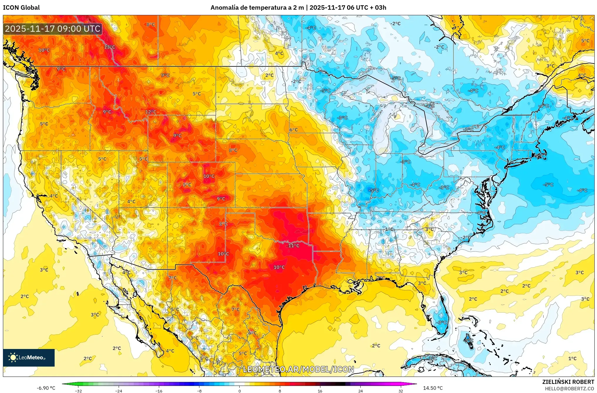 ICON model - Estados Unidos, Anomalía de temperatura a 2 m