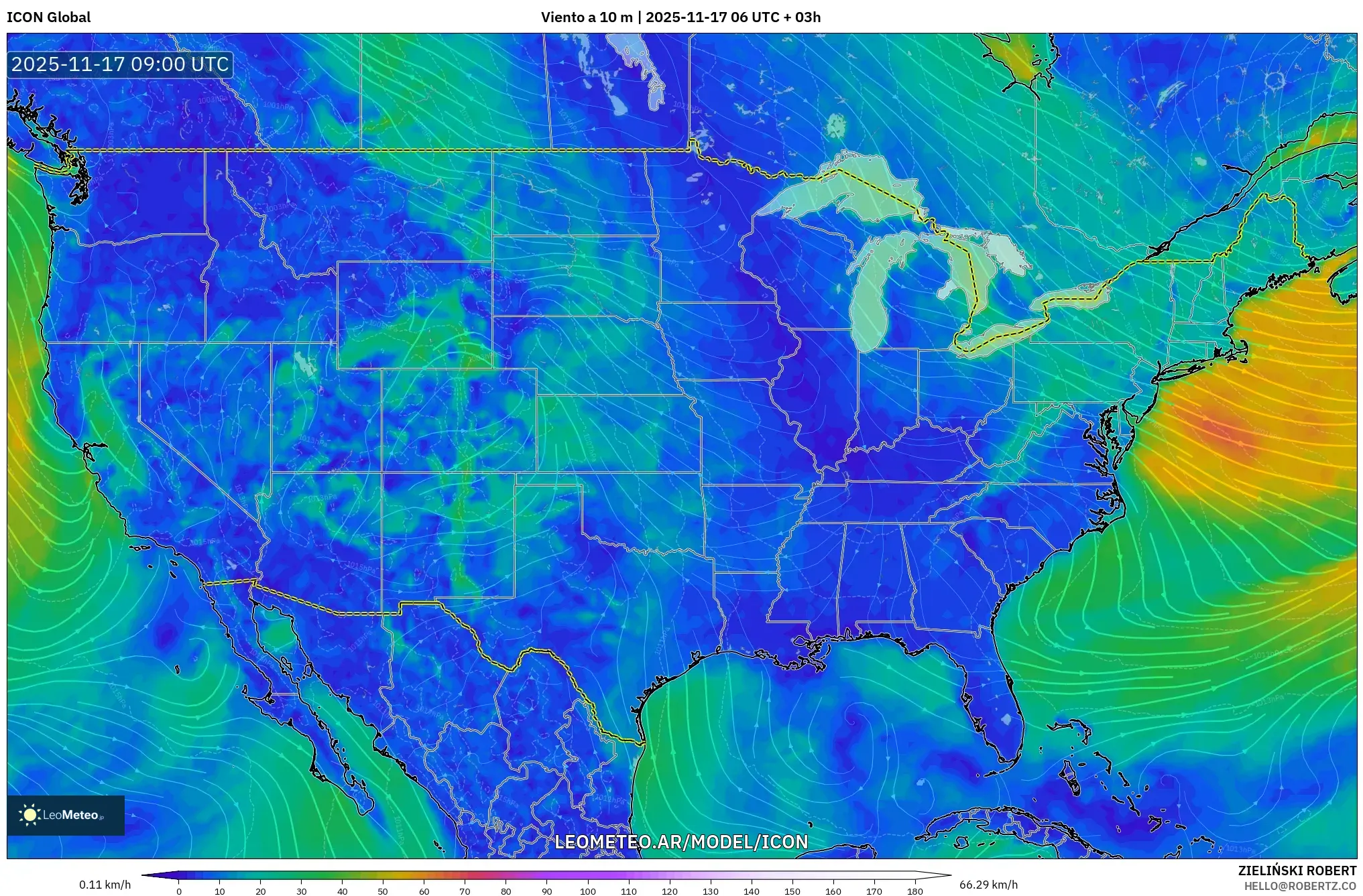 ICON model - Estados Unidos, Viento a 10 m