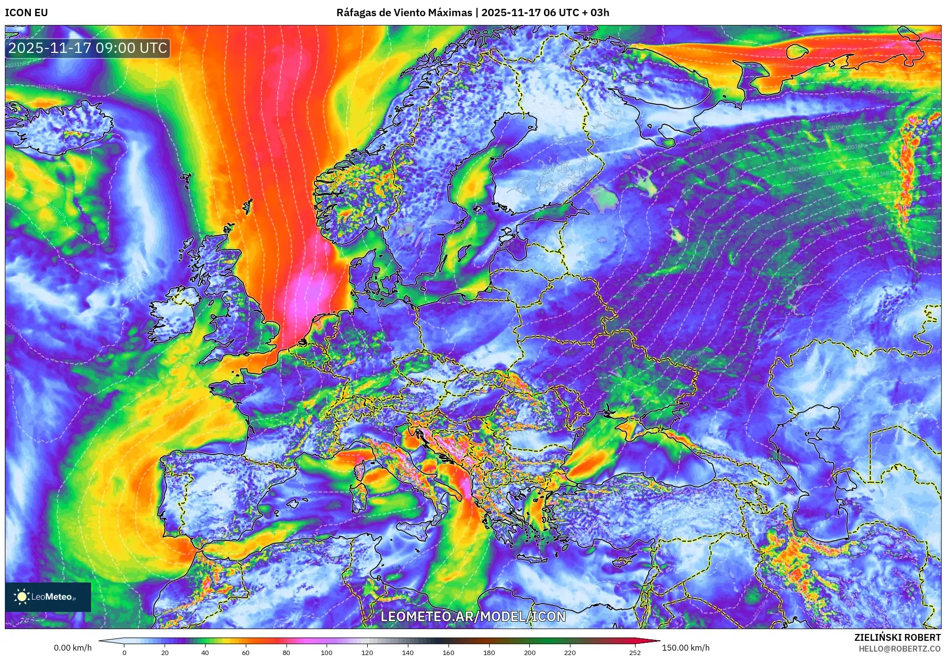 ICON model - Europa, Ráfagas de Viento Máximas