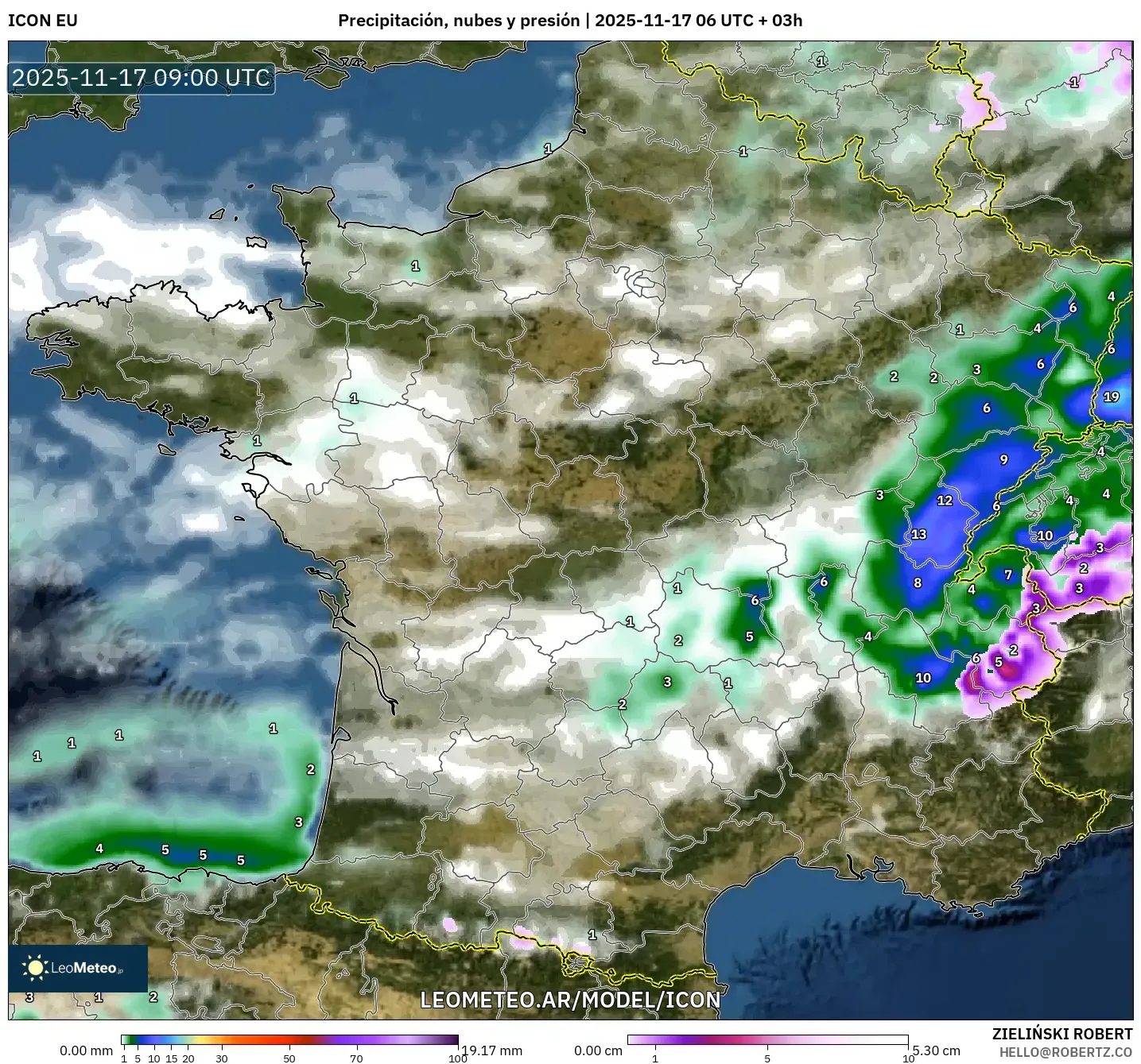 ICON model - Francia, Precipitación, nubes y presión