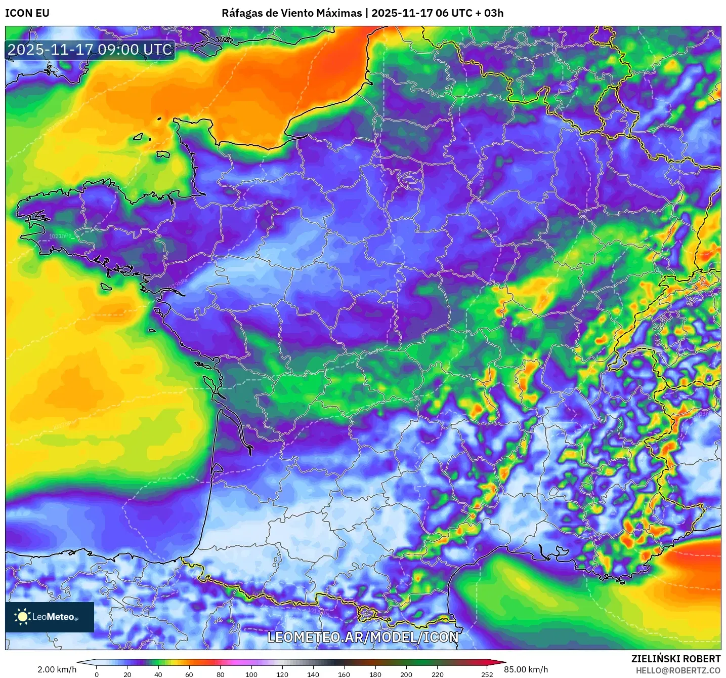 ICON model - Francia, Ráfagas de Viento Máximas