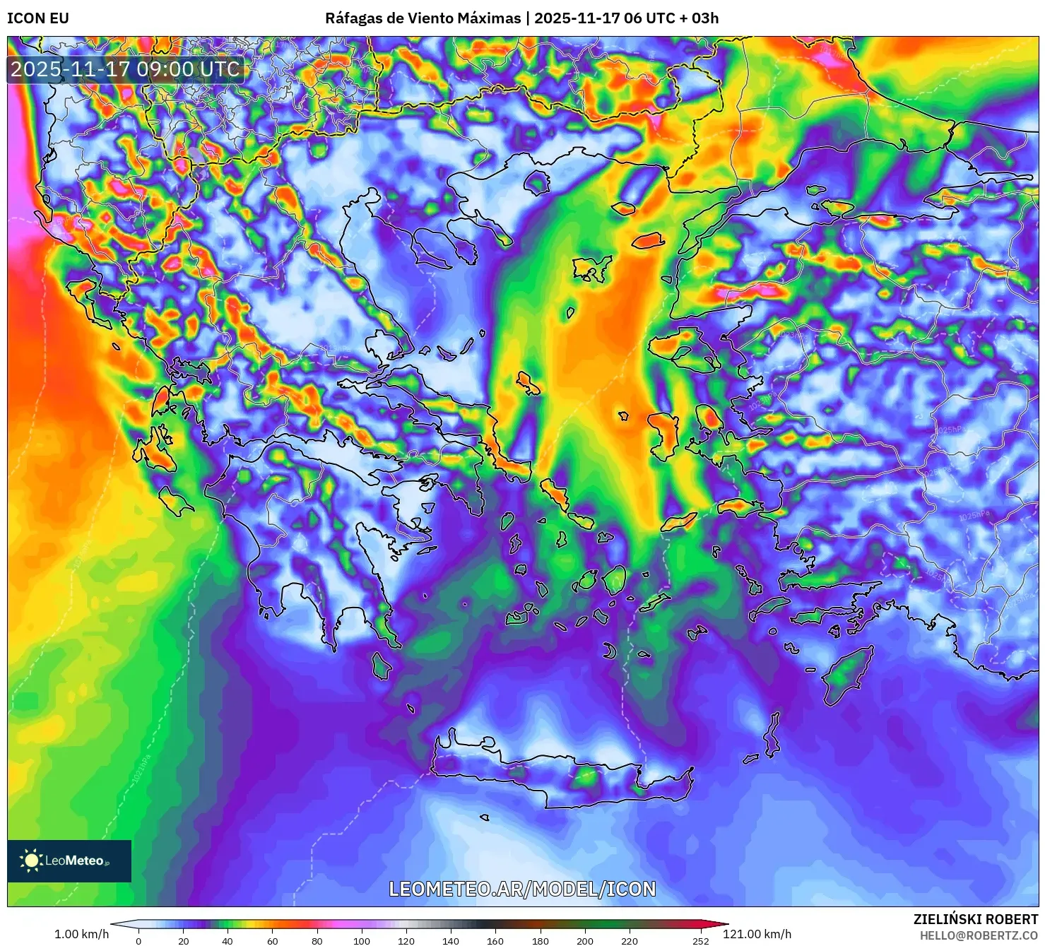 ICON model - Grecia, Ráfagas de Viento Máximas