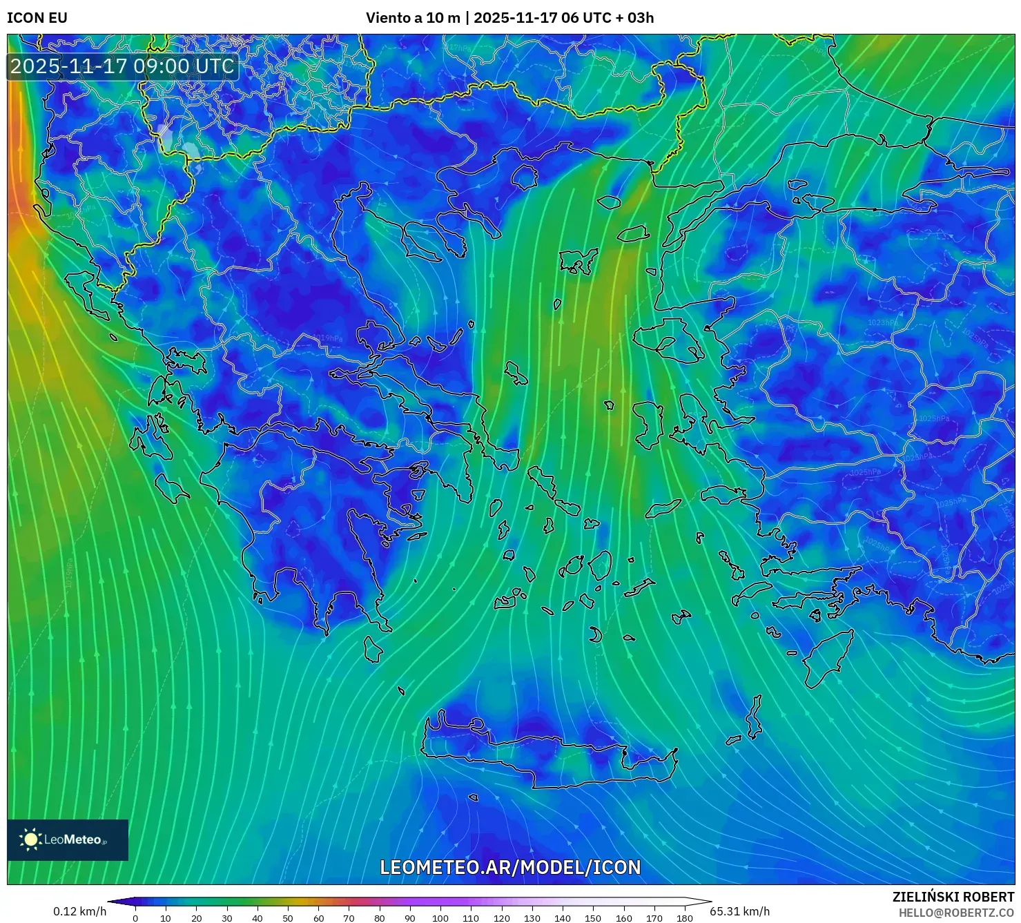 ICON model - Grecia, Viento a 10 m