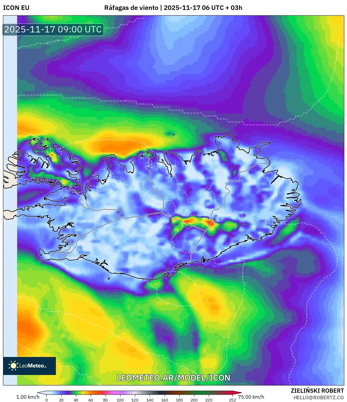 ICON model - Islandia, Ráfagas de viento