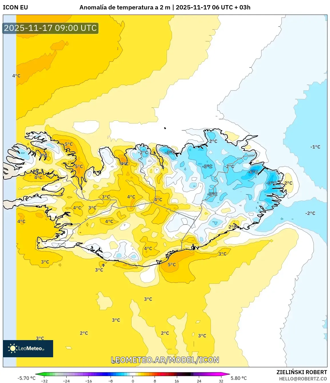 ICON model - Islandia, Anomalía de temperatura a 2 m