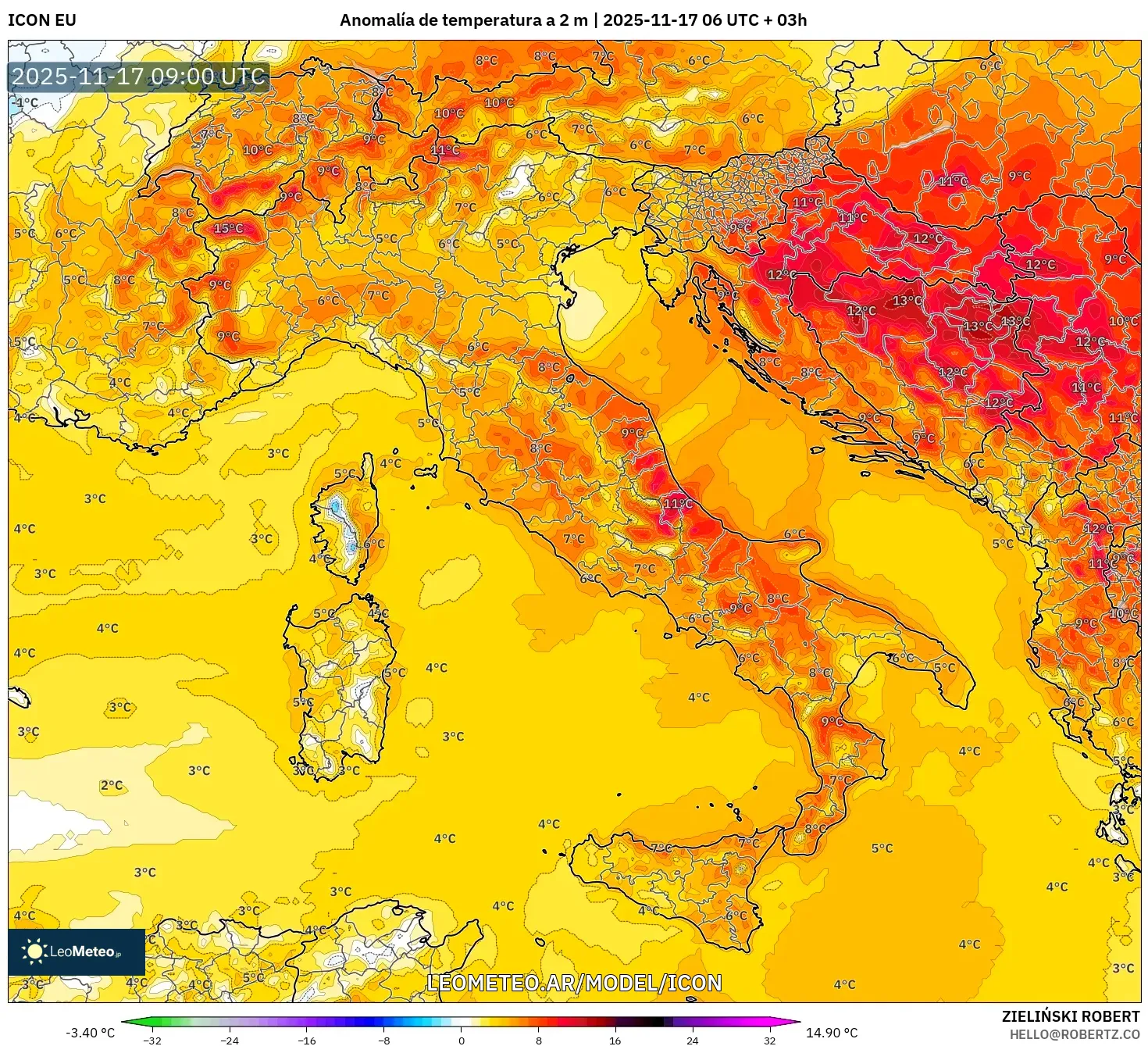 ICON model - Italia, Anomalía de temperatura a 2 m