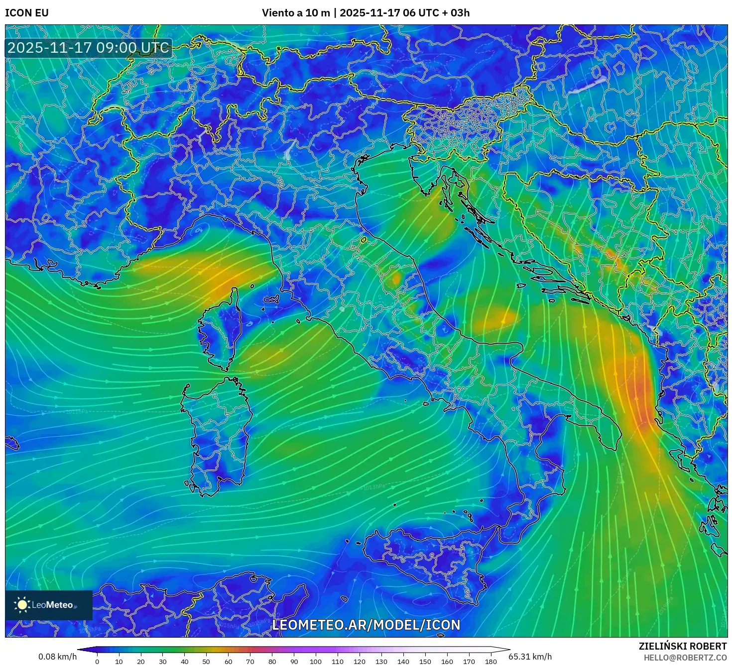 ICON model - Italia, Viento a 10 m