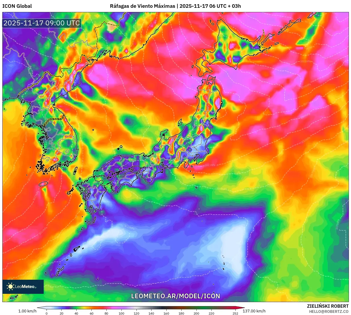 ICON model - Japón, Ráfagas de Viento Máximas