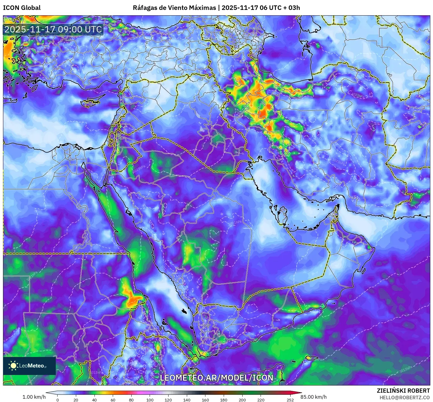ICON model - Oriente Medio, Ráfagas de Viento Máximas
