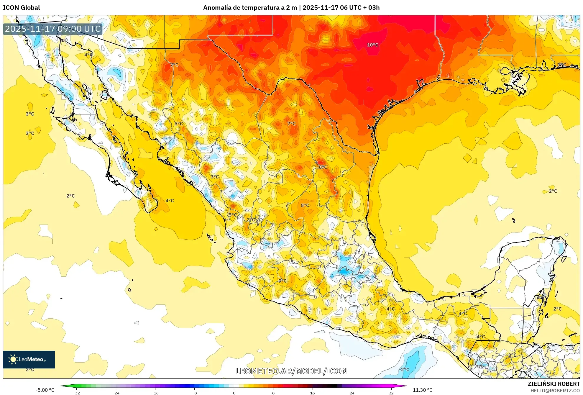ICON model - México, Anomalía de temperatura a 2 m
