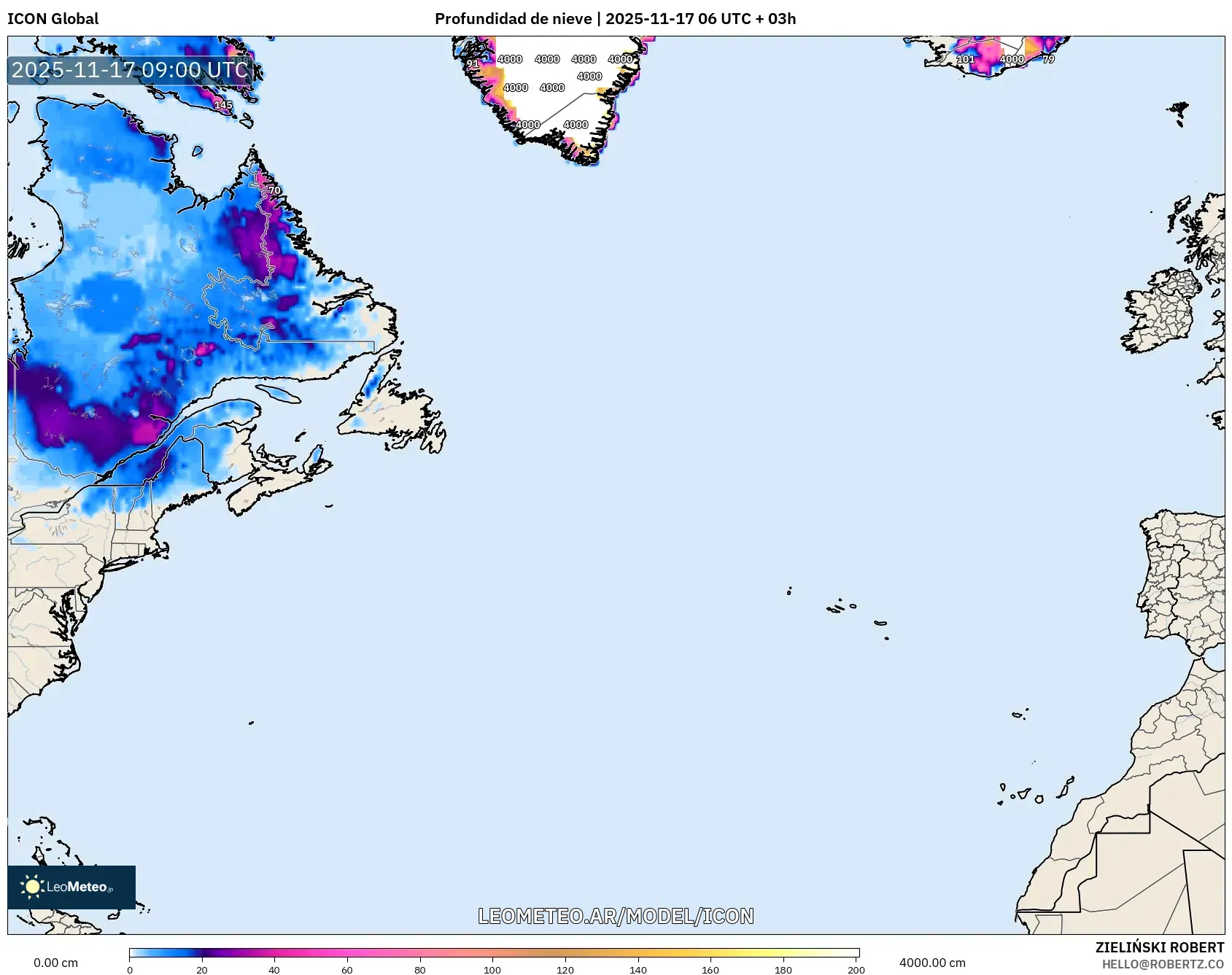 ICON model - Norte Atlántico, Profundidad de nieve