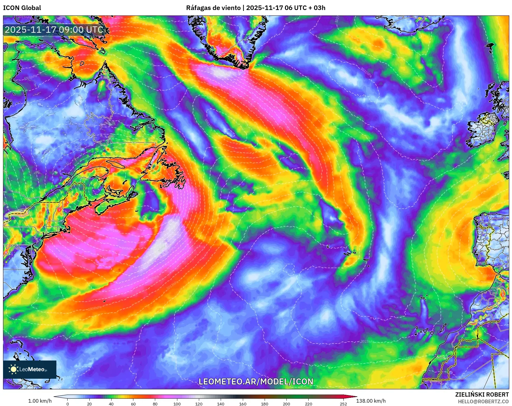 ICON model - Norte Atlántico, Ráfagas de viento