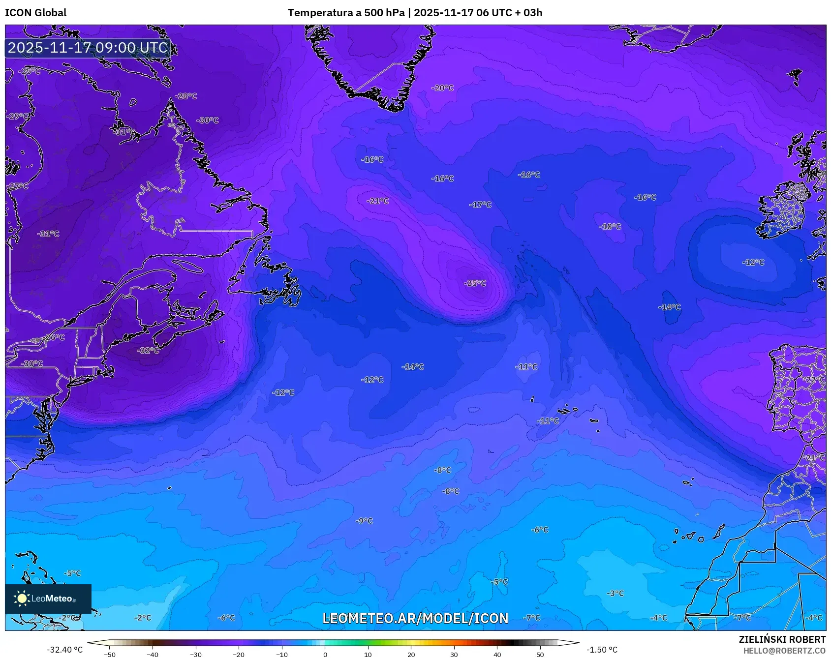 ICON model - Norte Atlántico, Temperatura a 500 hPa