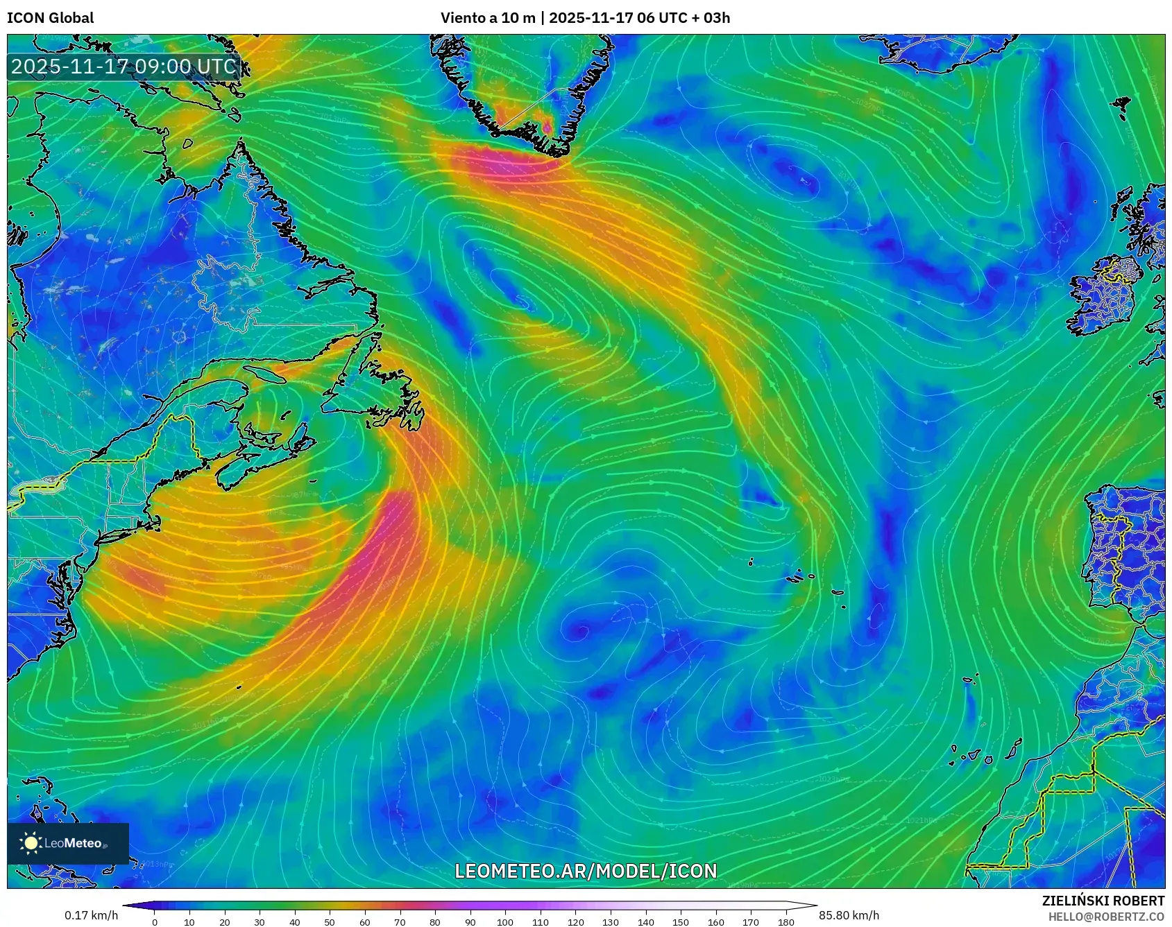 ICON model - Norte Atlántico, Viento a 10 m