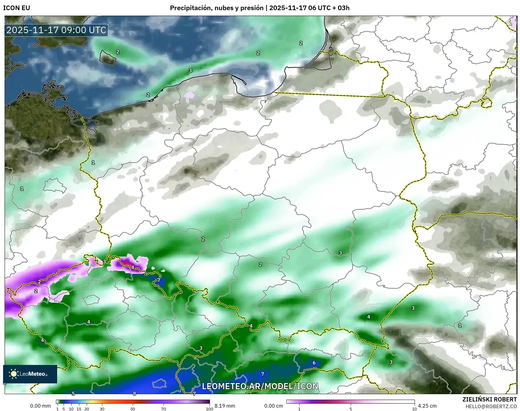 ICON model - Polonia, Precipitación, nubes y presión