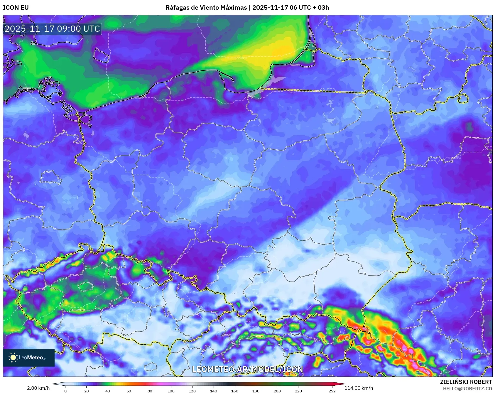 ICON model - Polonia, Ráfagas de Viento Máximas
