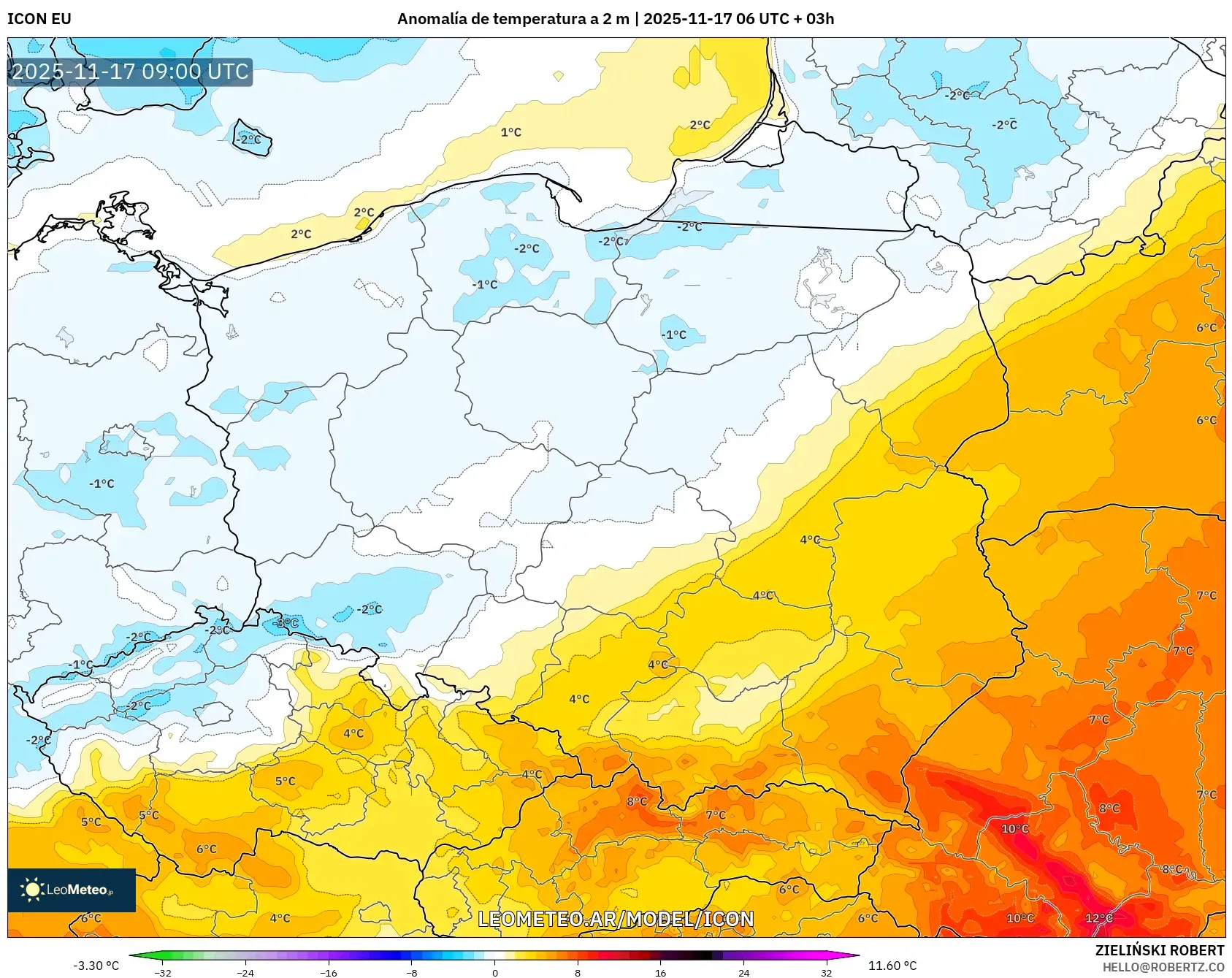 ICON model - Polonia, Anomalía de temperatura a 2 m