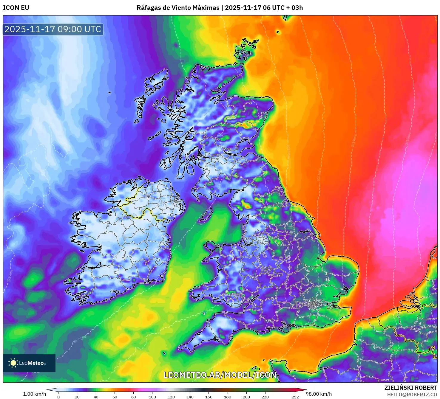 ICON model - Reino Unido, Ráfagas de Viento Máximas
