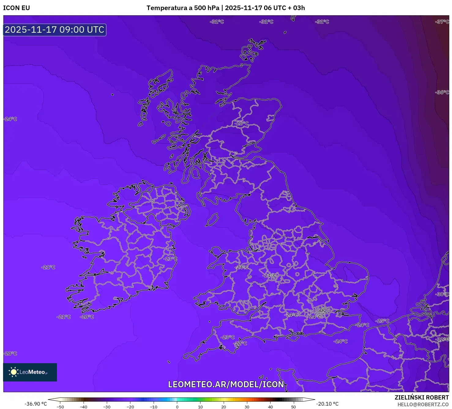 ICON model - Reino Unido, Temperatura a 500 hPa