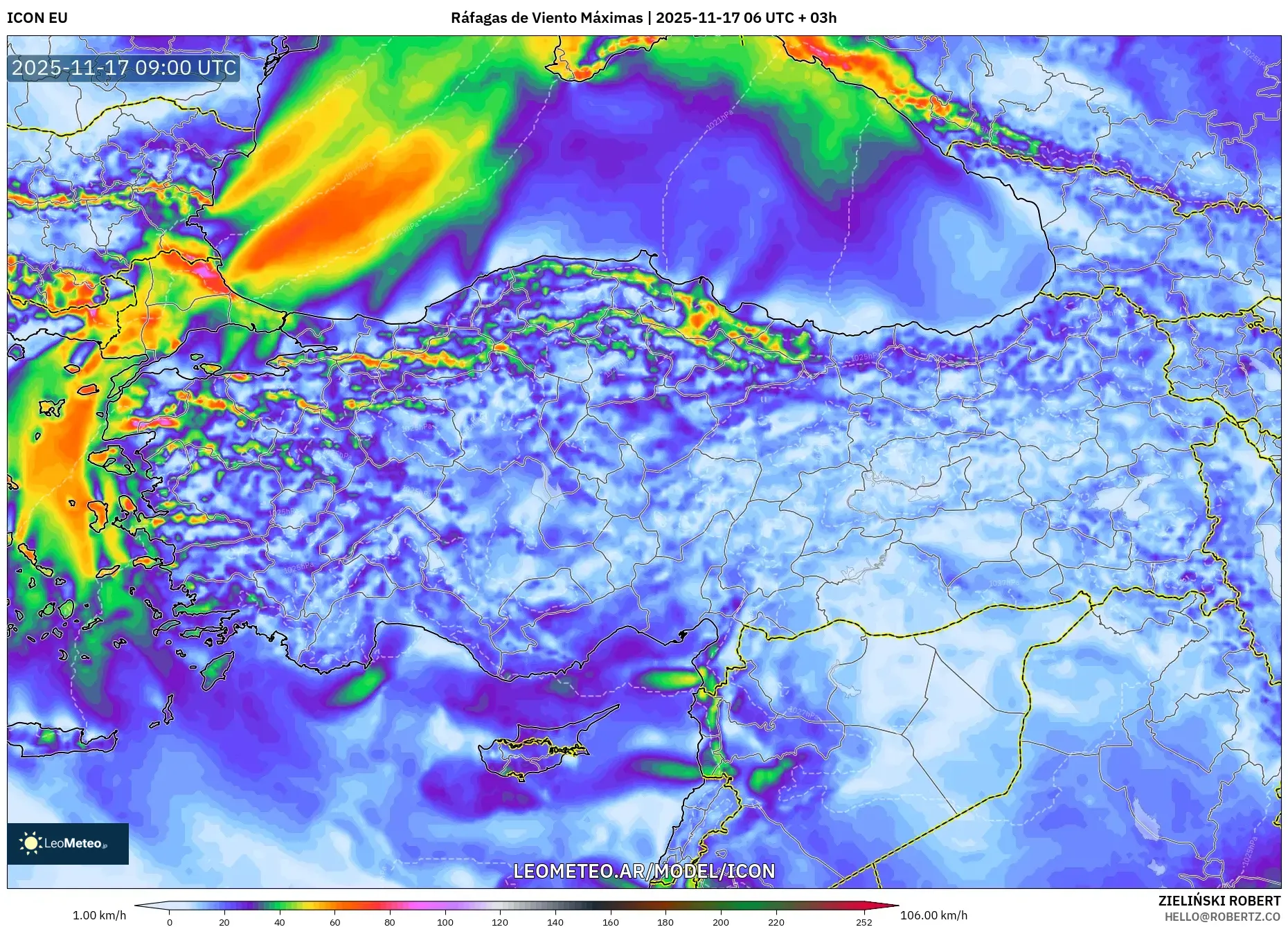 ICON model - Turquía, Ráfagas de Viento Máximas