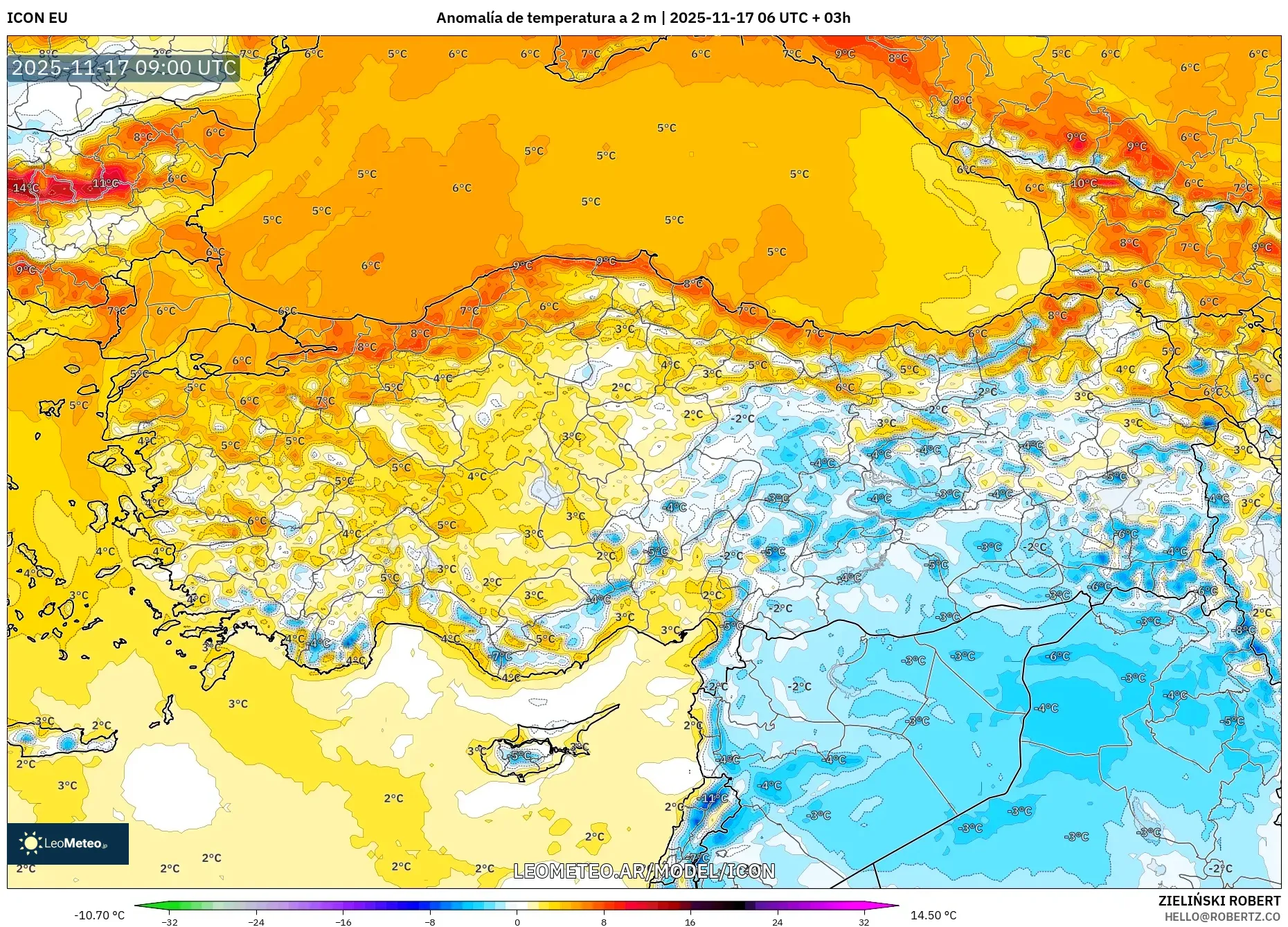 ICON model - Turquía, Anomalía de temperatura a 2 m