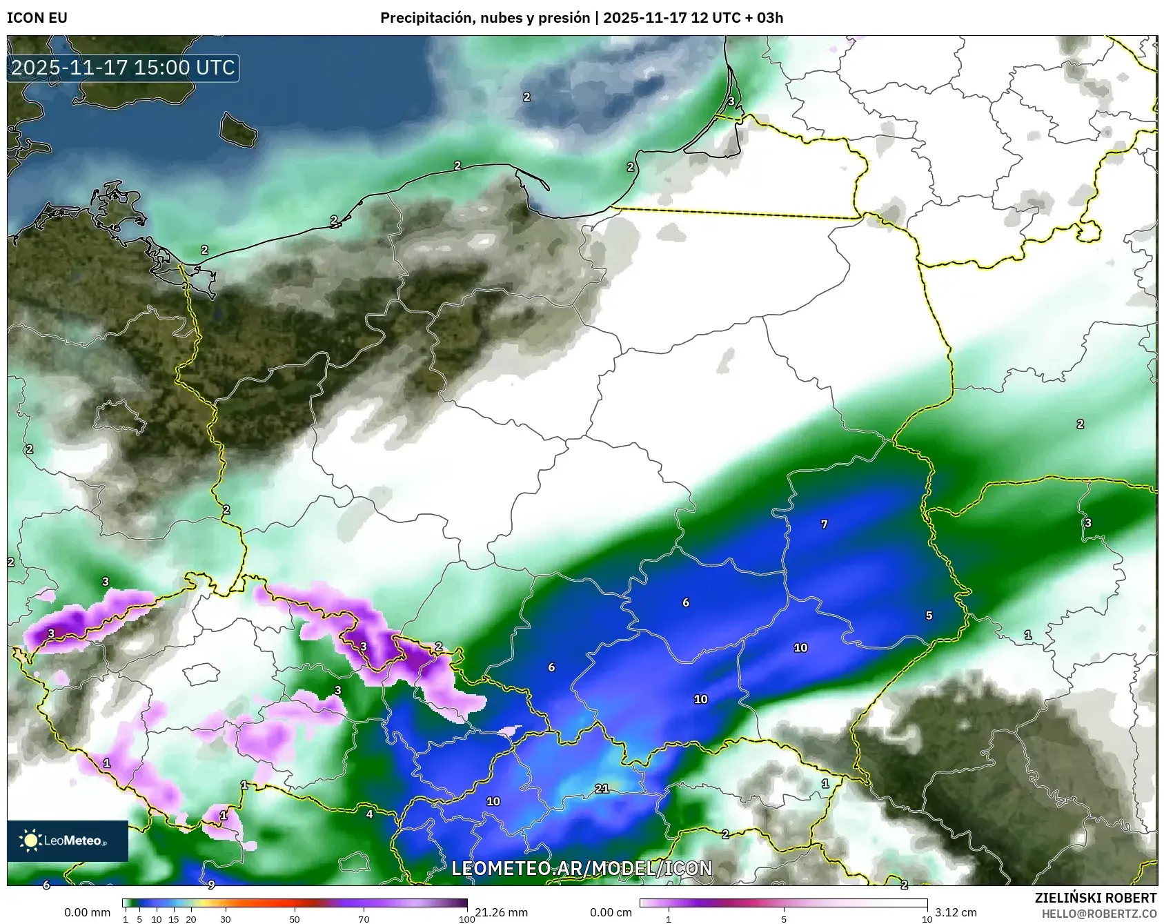 ICON model - Polonia, Precipitación, nubes y presión